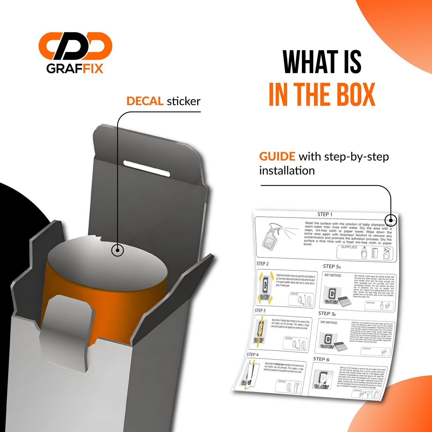 The image is a promotional graphic for Graffix, featuring a box with instructions for a product called the "DECAL sticker" and a printed guide with step-by-step installation instructions.