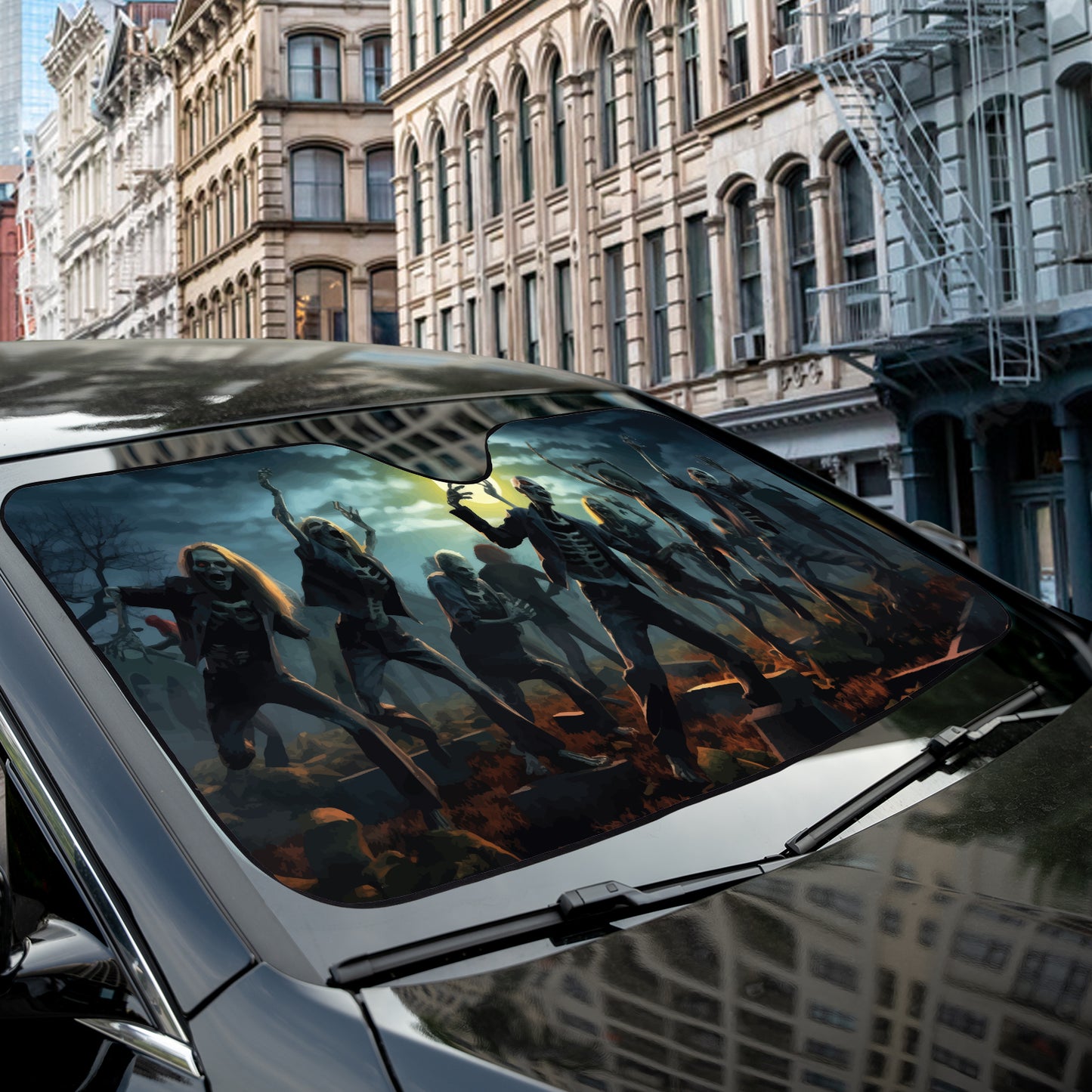 a car with a picture of a group of people on it