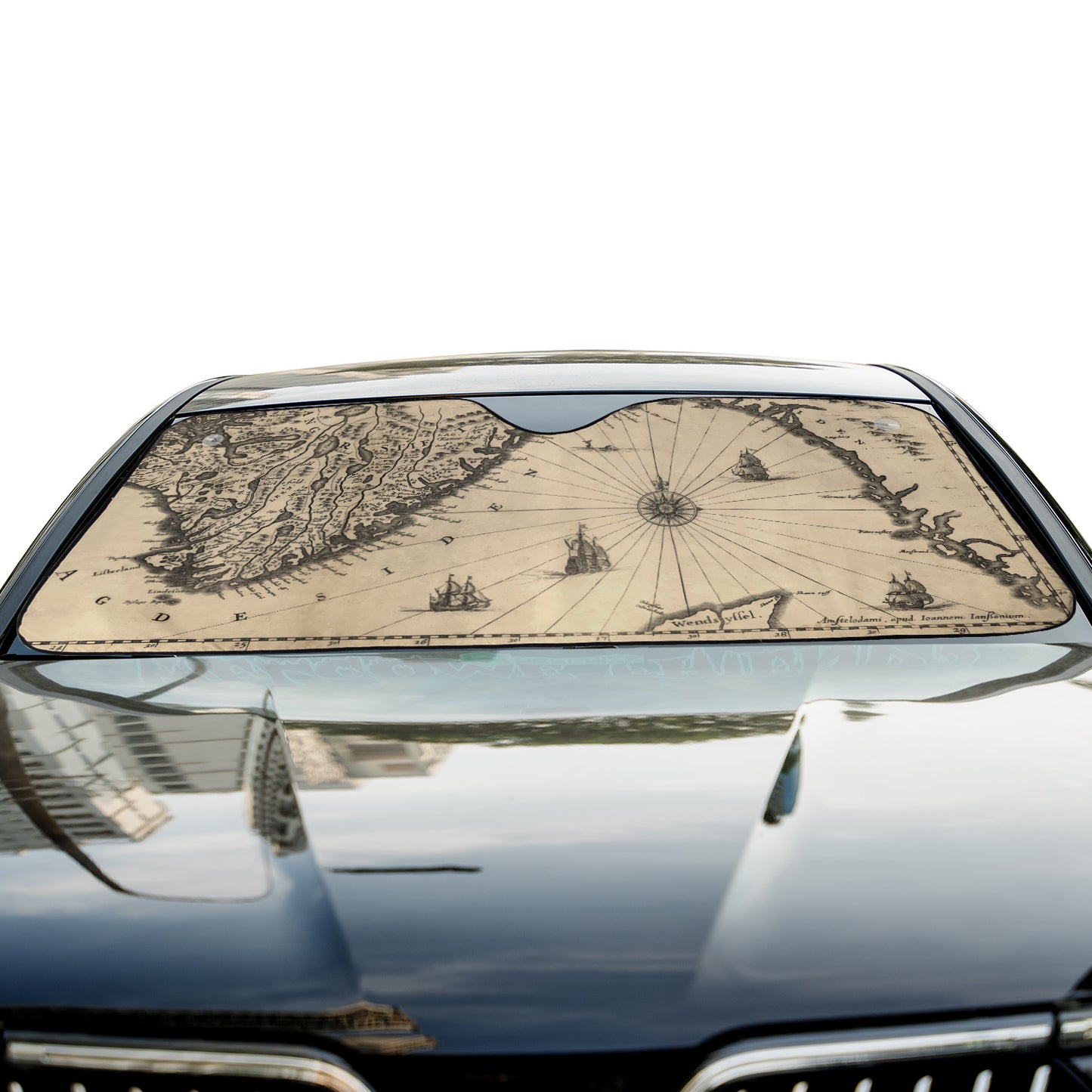 a car with a map on the windshield