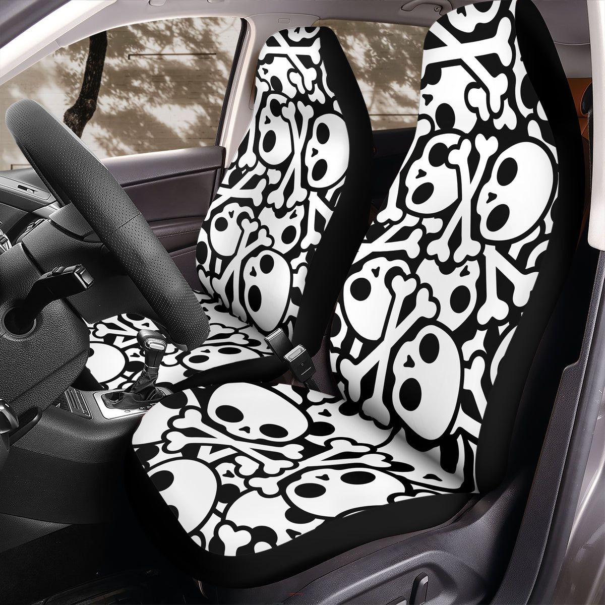 Skull and Crossbones Seat Covers, Bold Black and White Pirate Style Front Seat Protectors for Jeep Wrangler Bronco, Universal Fit Design