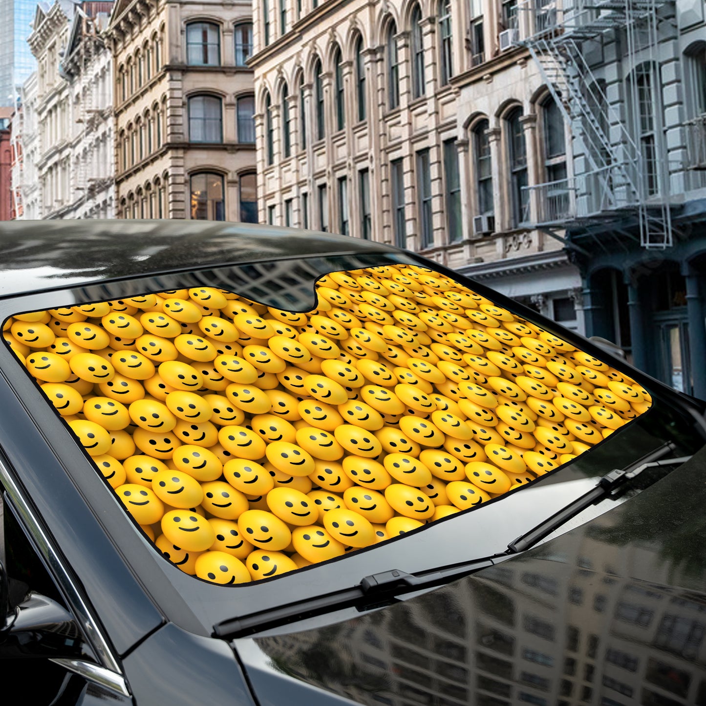 a car with a lot of yellow smiley faces on it