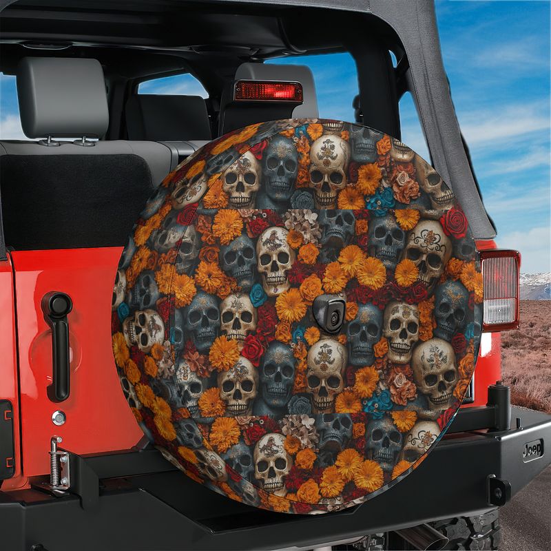Flowers & Skulls Spare Tire Cover With Backup Camera Hole Option
