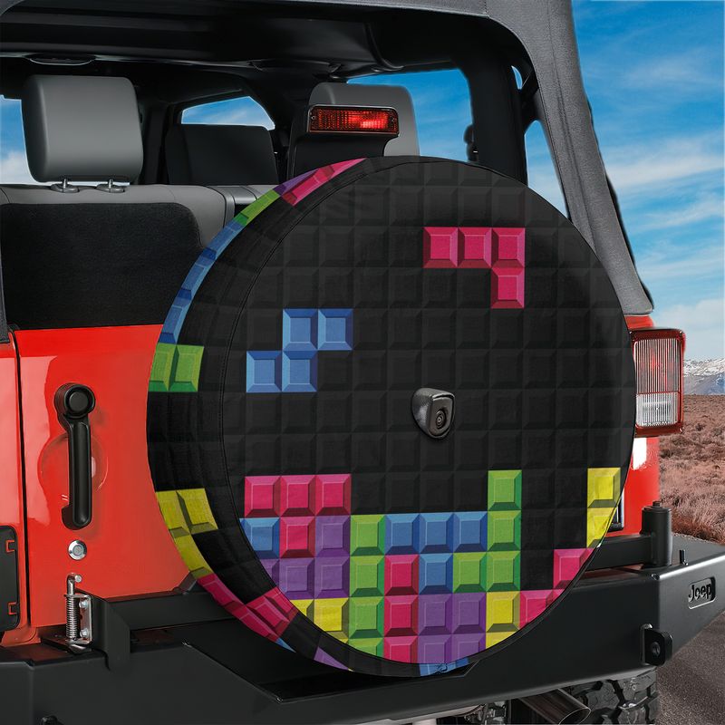 Pixel Block Puzzle Spare Tire Cover With Backup Camera Hole Option