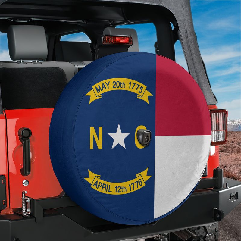 North Carolina State Flag Spare Tire Cover With Backup Camera Hole