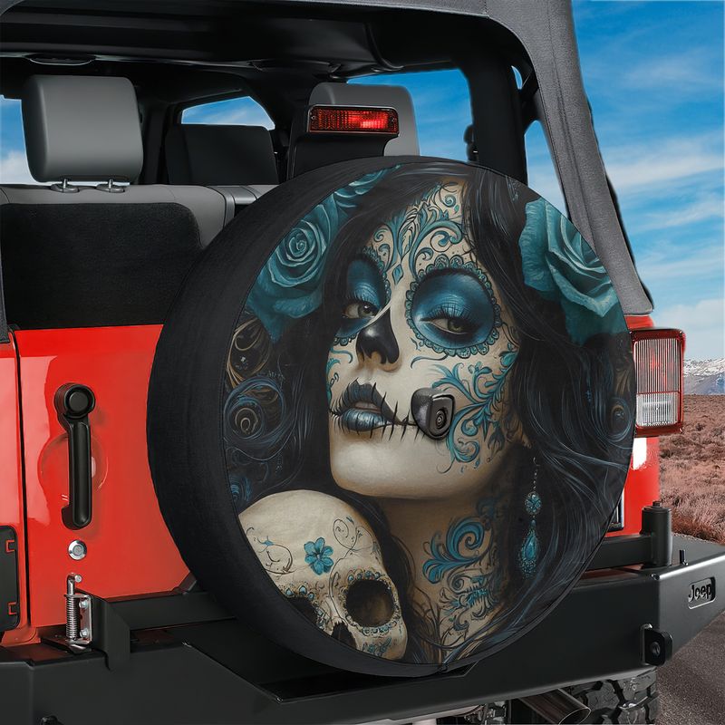 Turquoise Día de los Muertos Skull Spare Tire Cover With Backup Camera Hole