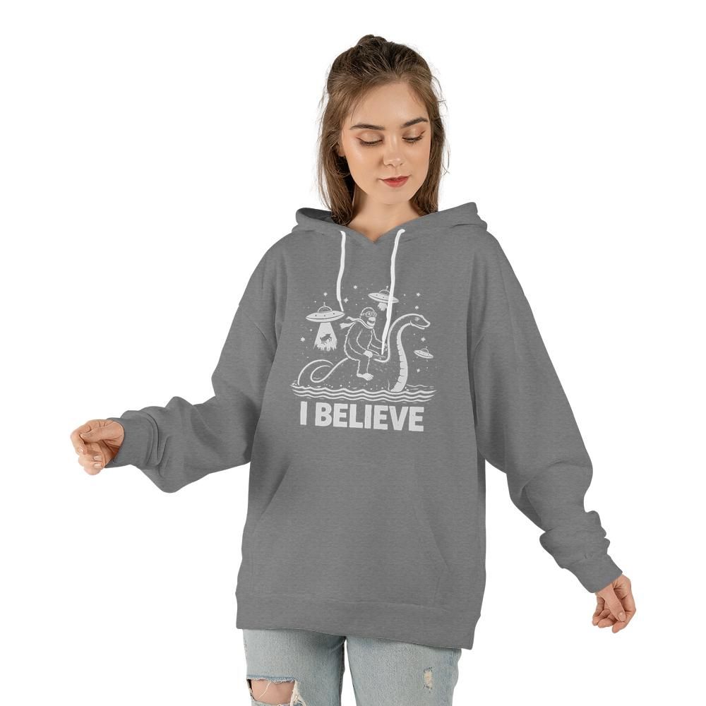 I Believe Bigfoot Riding Nessie UFO Unisex Hoodie - Cozy Cryptid Fan Sweatshirt