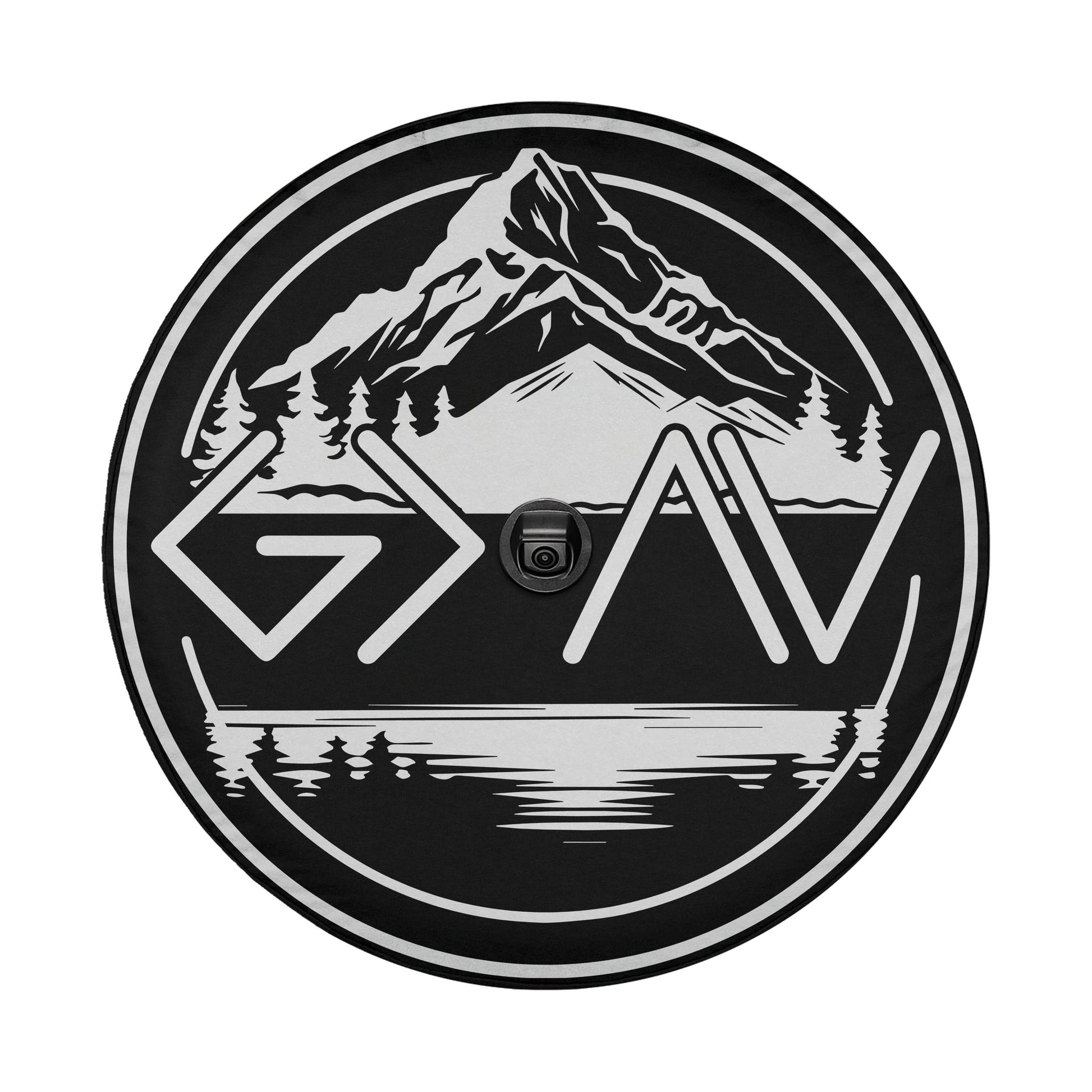 A black and white circular logo featuring a mountain landscape with trees and a lake.