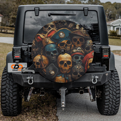the back of a black Jeep Wrangler with a skull and crossbones decal on the rear window.