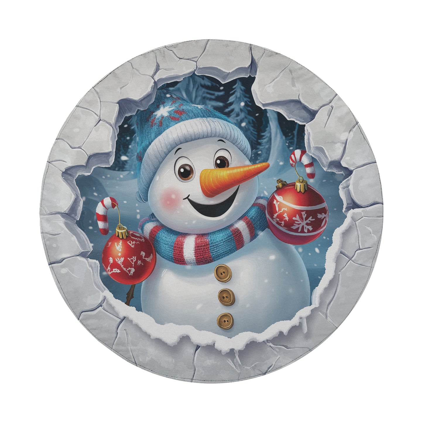 A cheerful snowman peeking out from behind a cracked stone wall, holding ornaments and smiling.