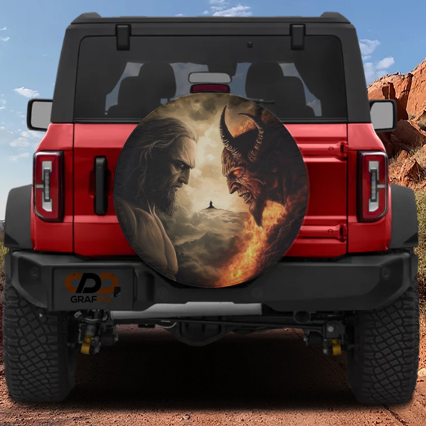 a red Jeep Wrangler with a large, circular spare tire cover depicting a dramatic scene of a bearded man facing off against a fiery, demonic opponent.