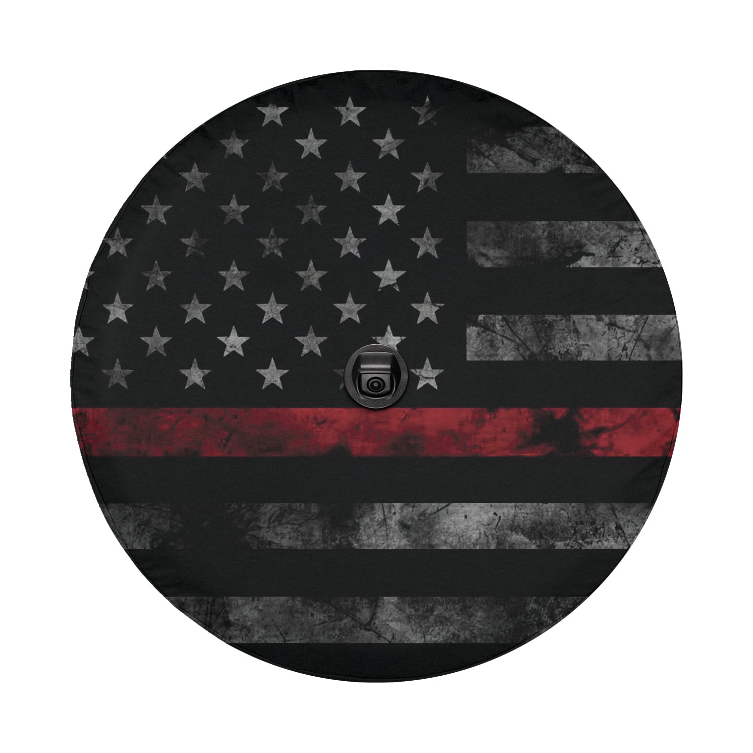 a circular design with a black background and a red stripe running through it. The design is reminiscent of the American flag, with a distressed appearance. There is a small black object, possibly a camera, placed in the center of the design.