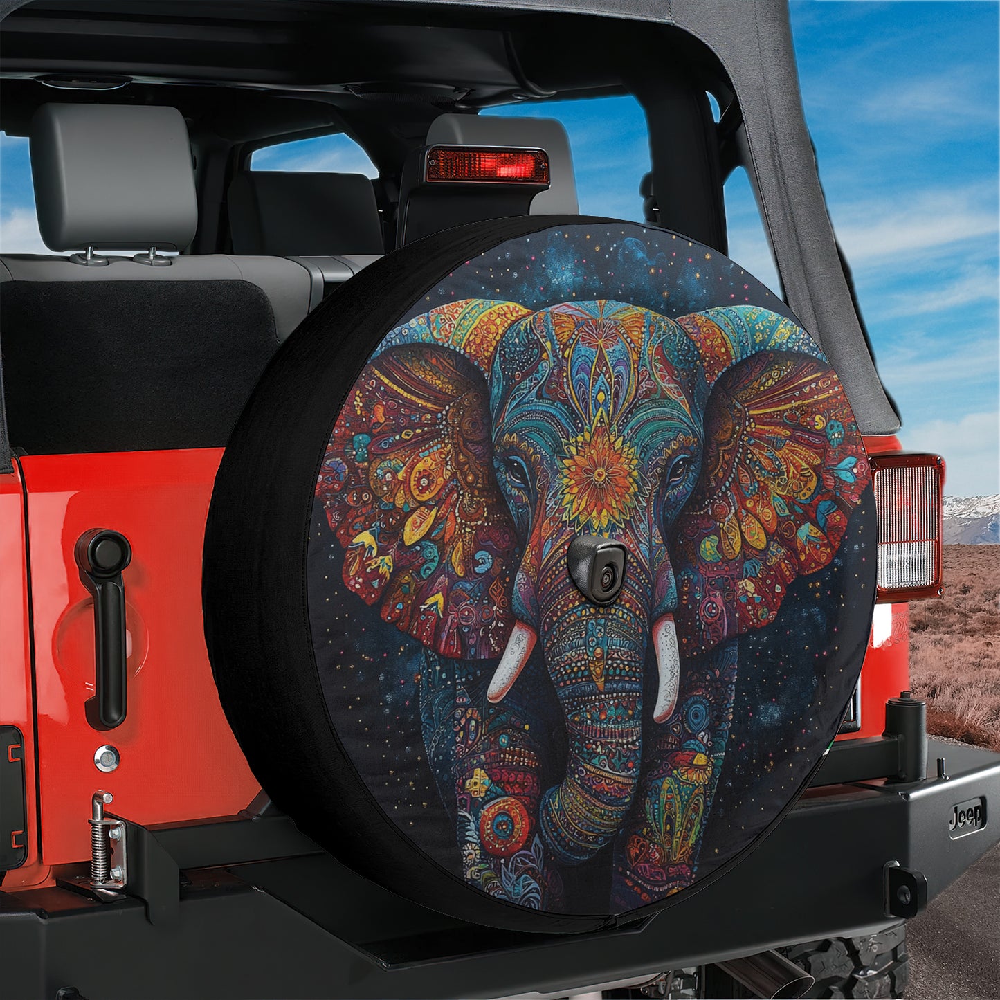 an elephant painted on the side of a jeep