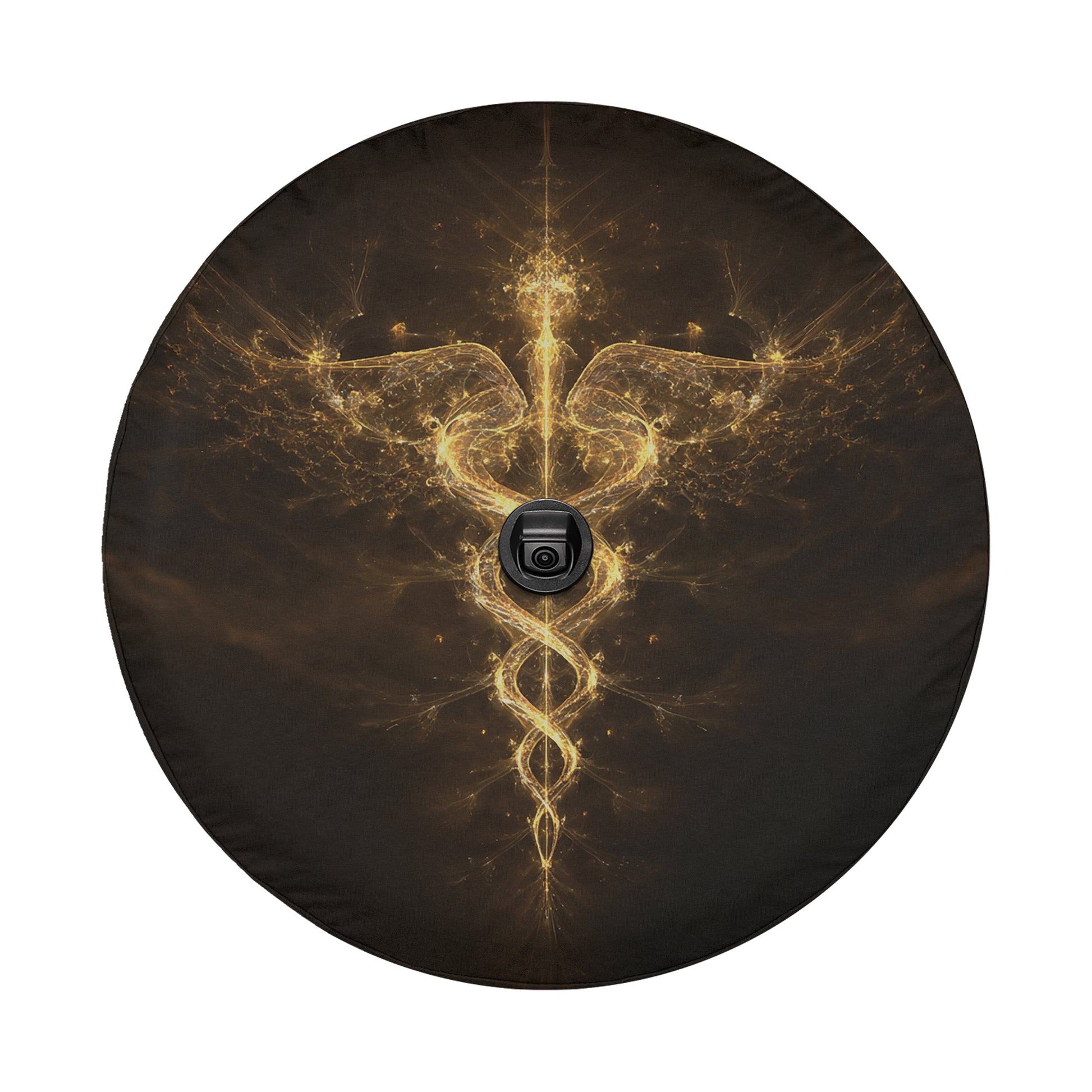 a dark, circular design with a golden, abstract symbol at its center.