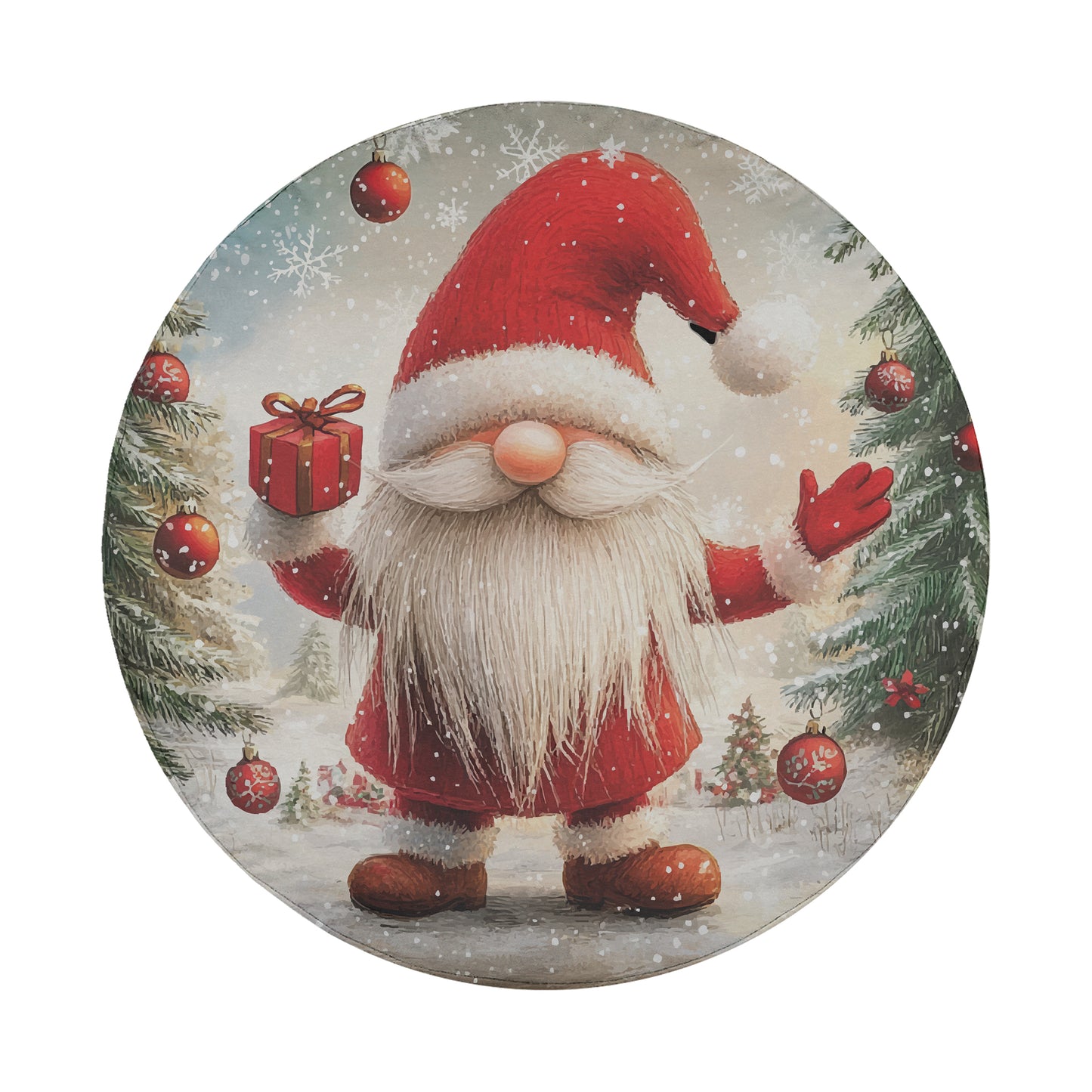 A cheerful Santa Claus figure holding a gift and surrounded by Christmas decorations, including ornaments and a snow-covered landscape.