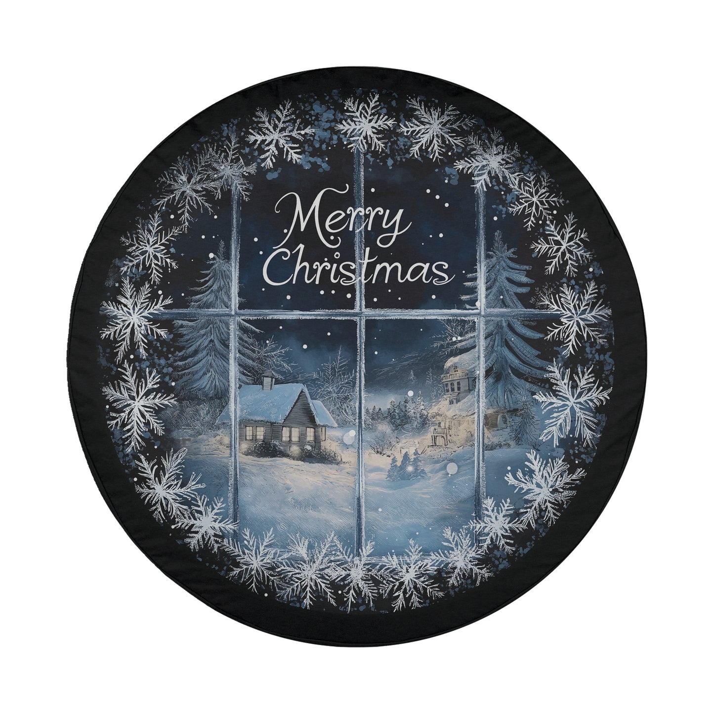 A circular Christmas-themed design with a snowy landscape and a cabin visible through a window. The text "Merry Christmas" is displayed in the center of the image.