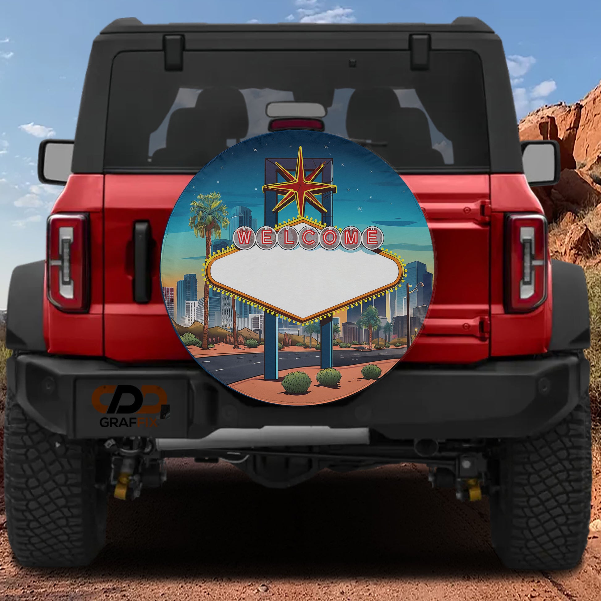 a red Jeep Wrangler with a large welcome sign on the back window.