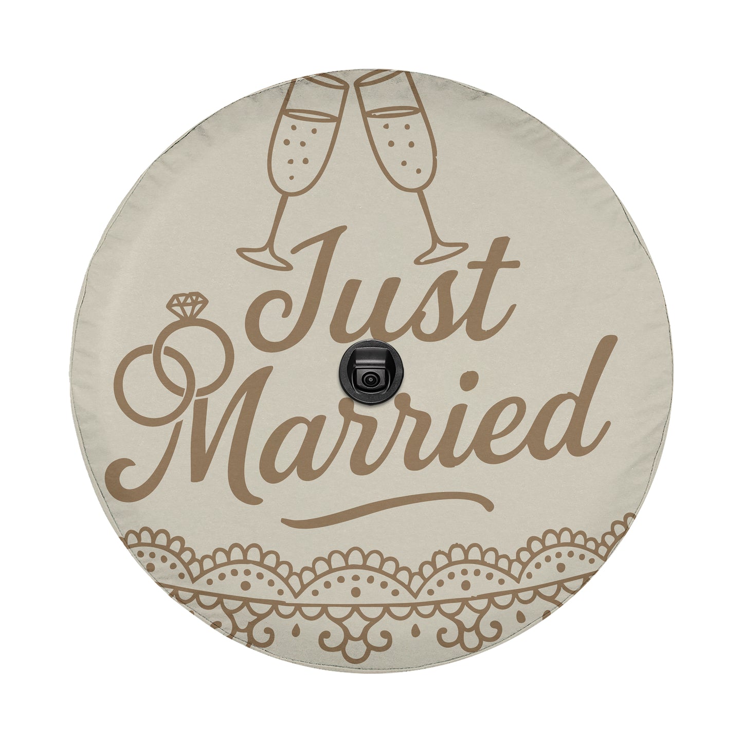 A round wheel cover with the text "Just Married" and a graphic of champagne glasses and a ring.