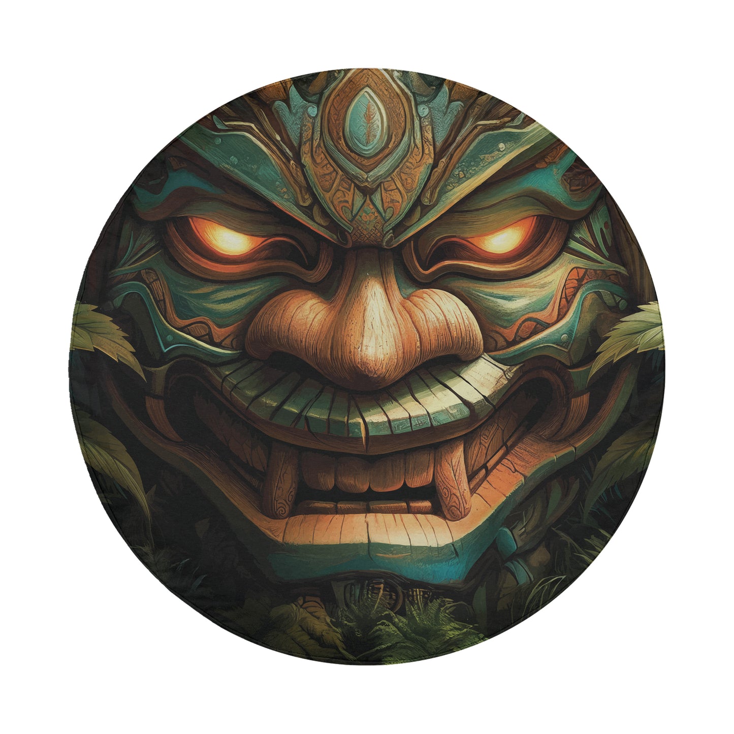 a large, ornate, and intricately designed mask or sculpture with a fierce expression, surrounded by lush greenery.