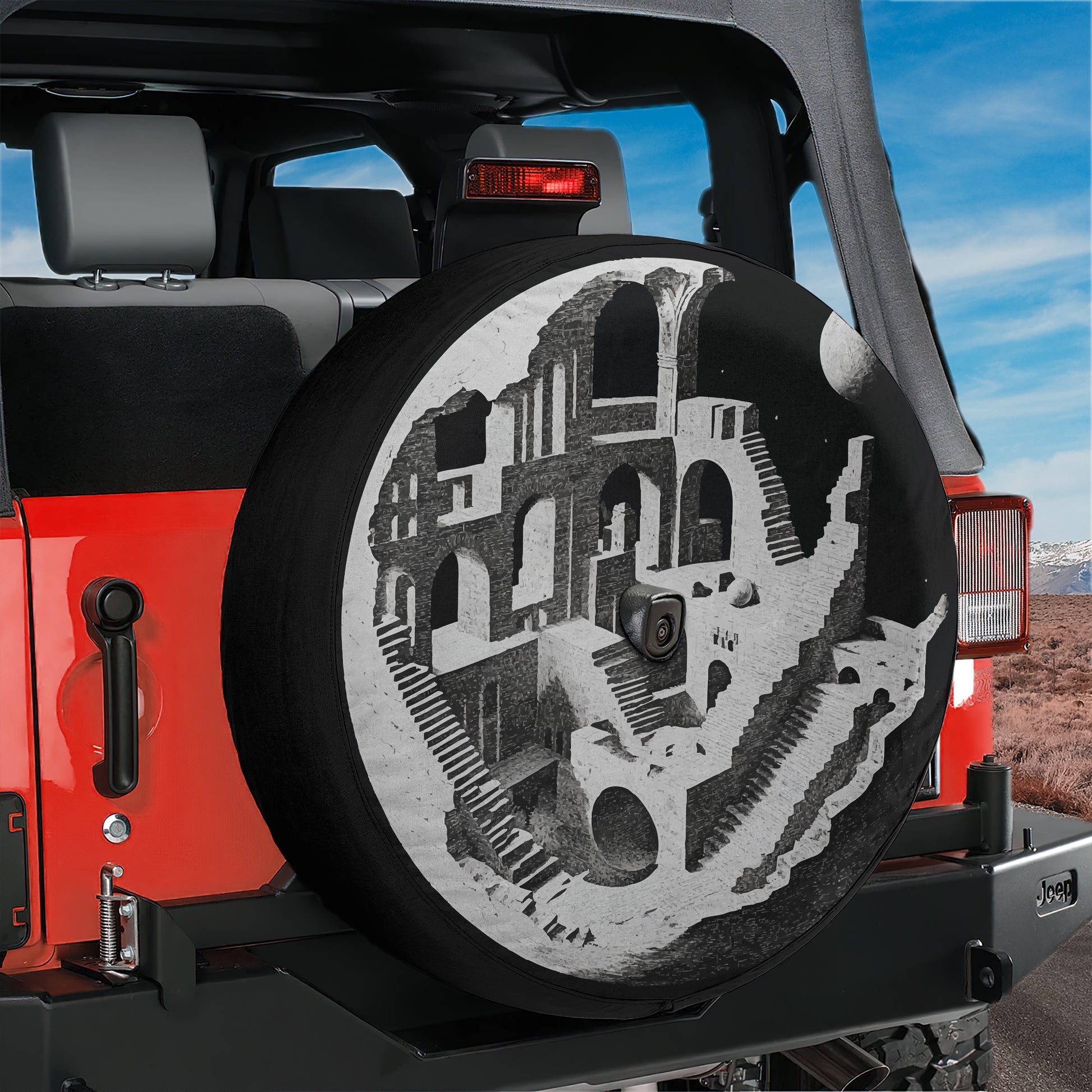 a red Jeep with a large black and white tire cover on the rear of the vehicle.