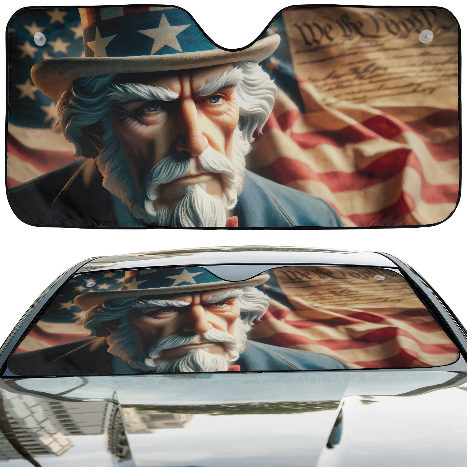 a car with a picture of an old man on it