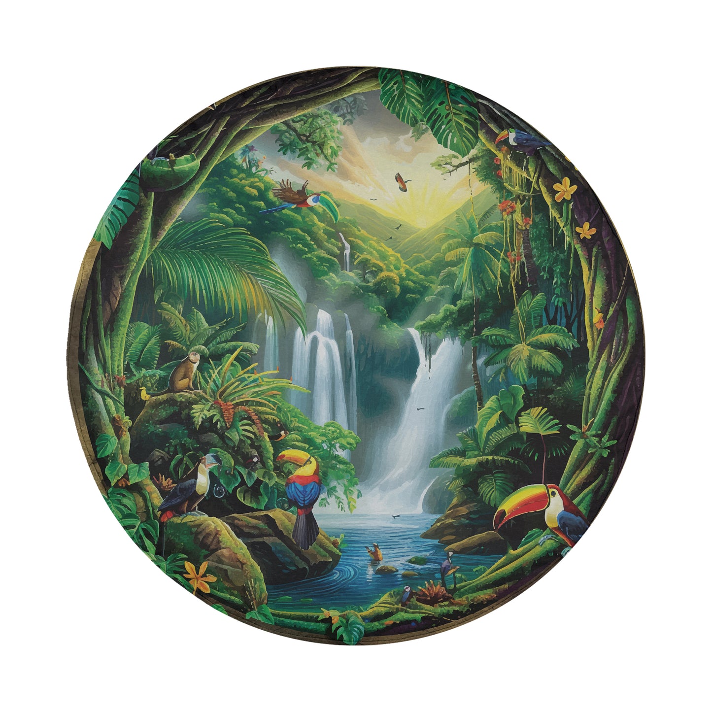 A vibrant and lush tropical landscape with a waterfall, birds, and various other wildlife.
