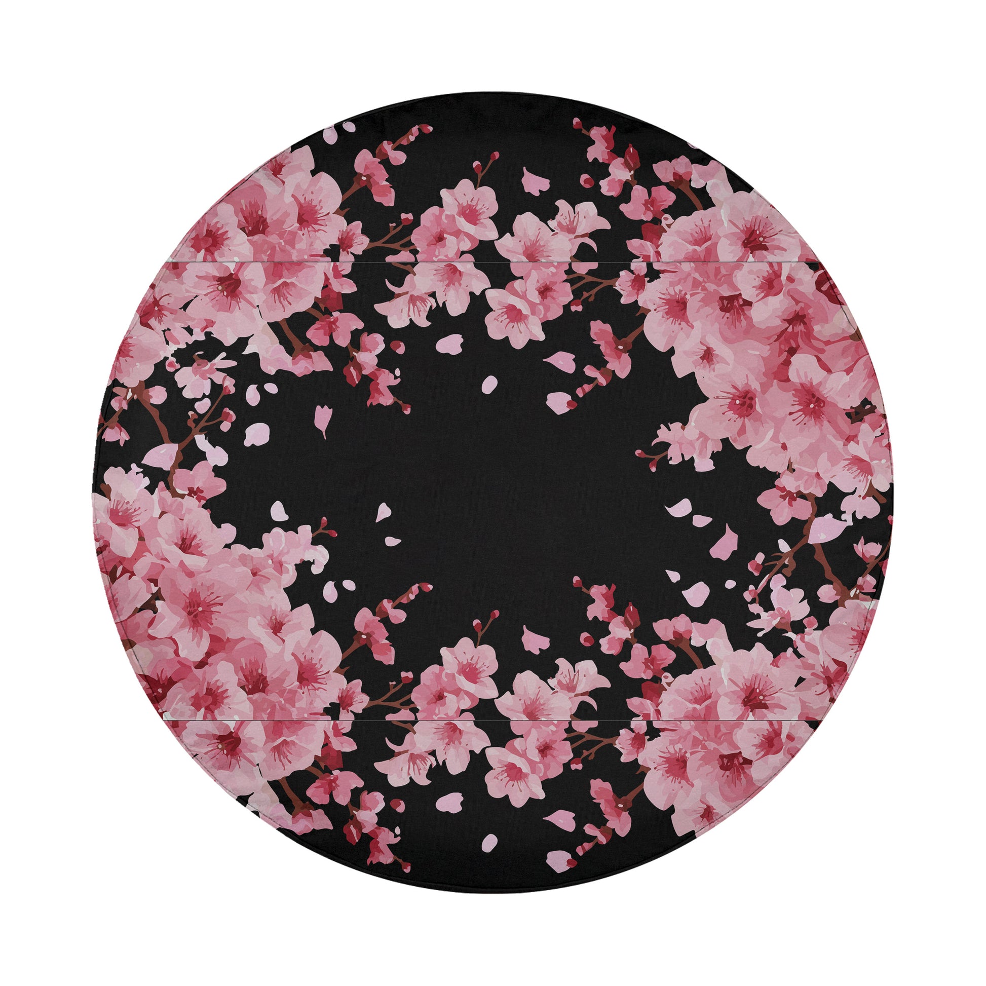 A circular design with a black background featuring a floral pattern of pink flowers.