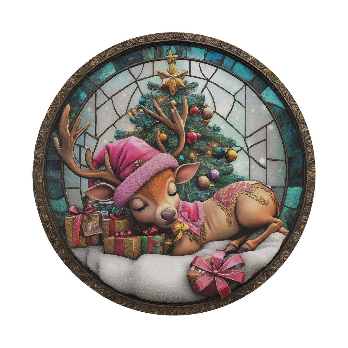A decorative Christmas scene featuring a sleeping deer wearing a pink hat and scarf, surrounded by presents and a decorated Christmas tree.