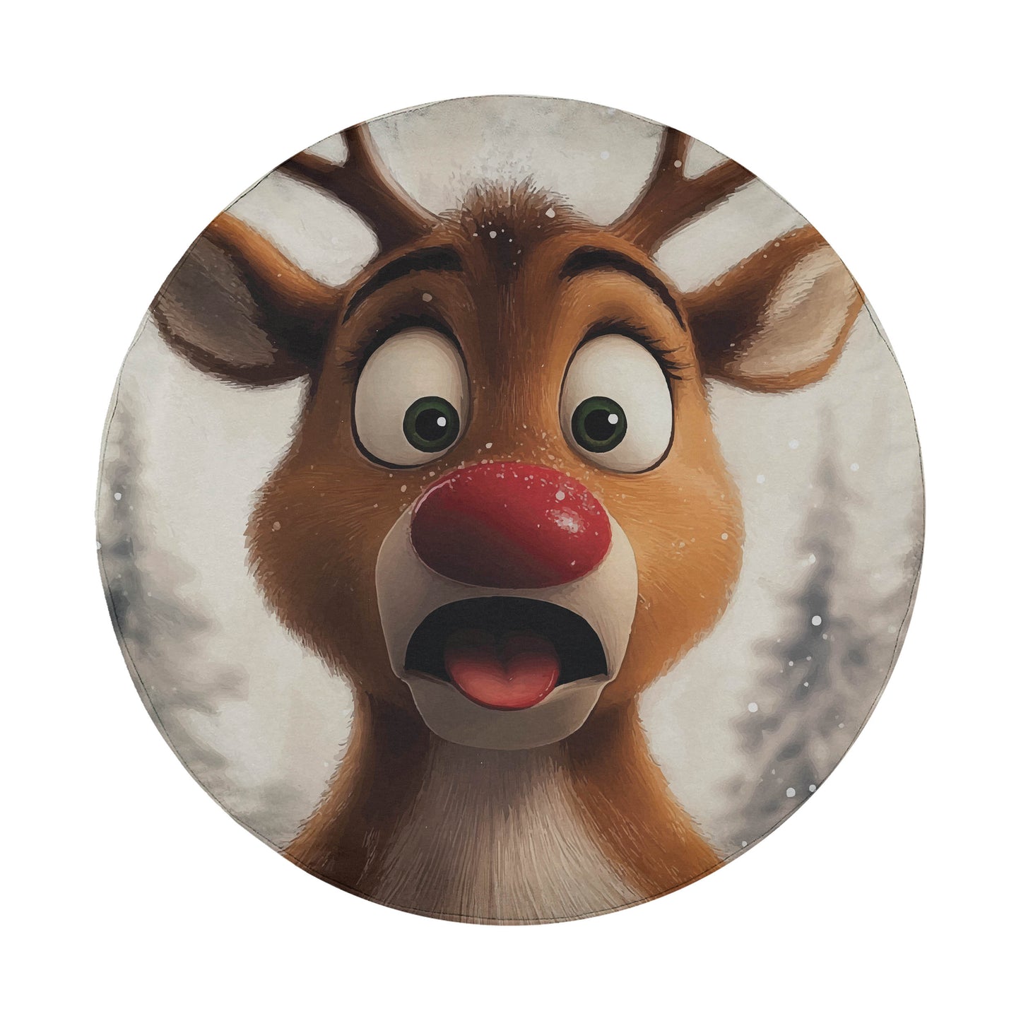 A close-up of a cartoon reindeer with a surprised expression, its eyes wide open and its mouth open in a surprised or excited manner.