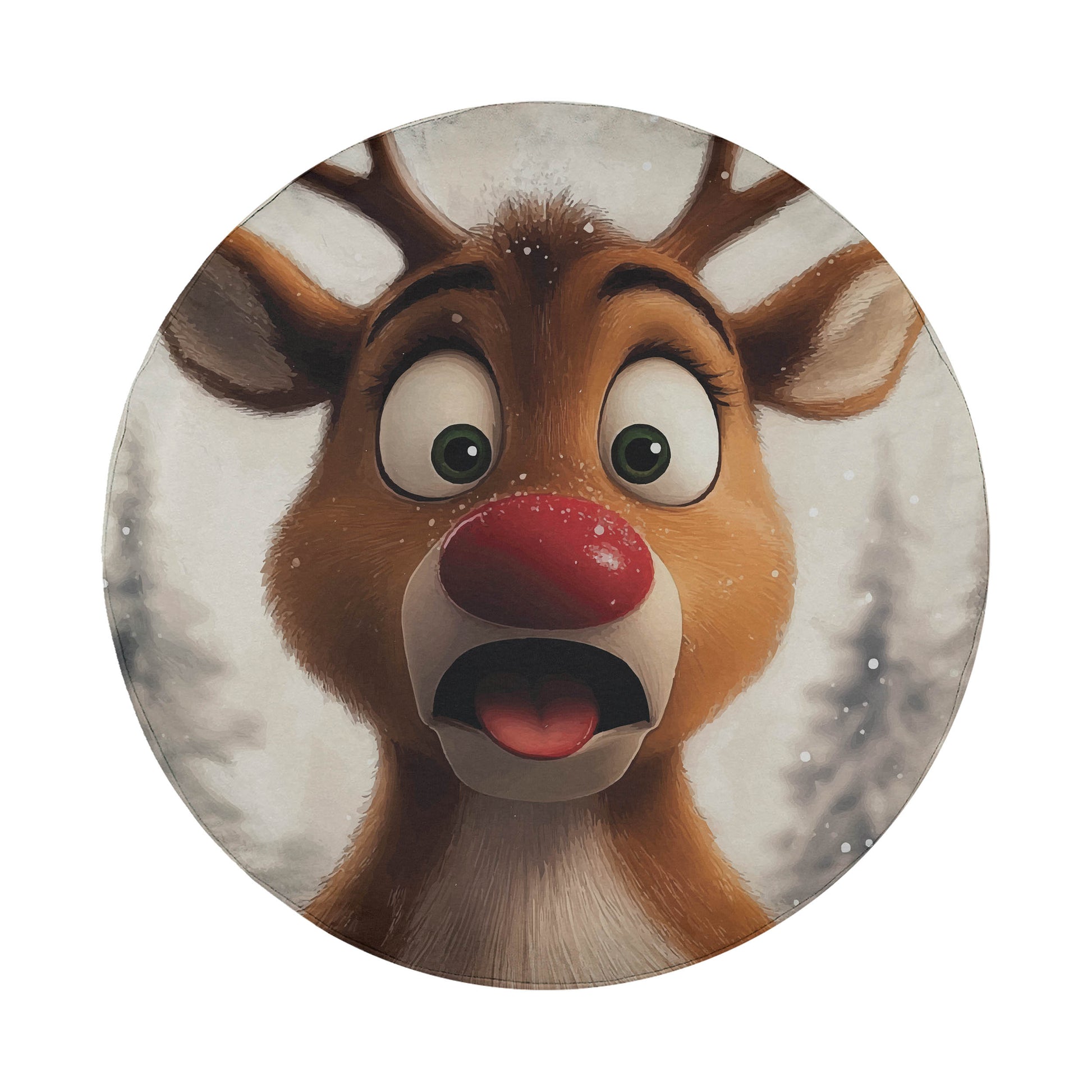 A close-up of a cartoon reindeer with a surprised expression, its eyes wide open and its mouth open in a surprised or excited manner.