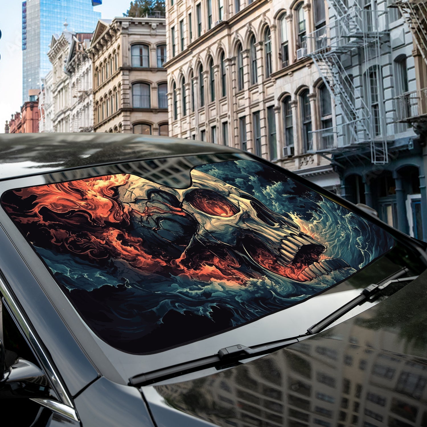 a car with a sticker of a skull on it