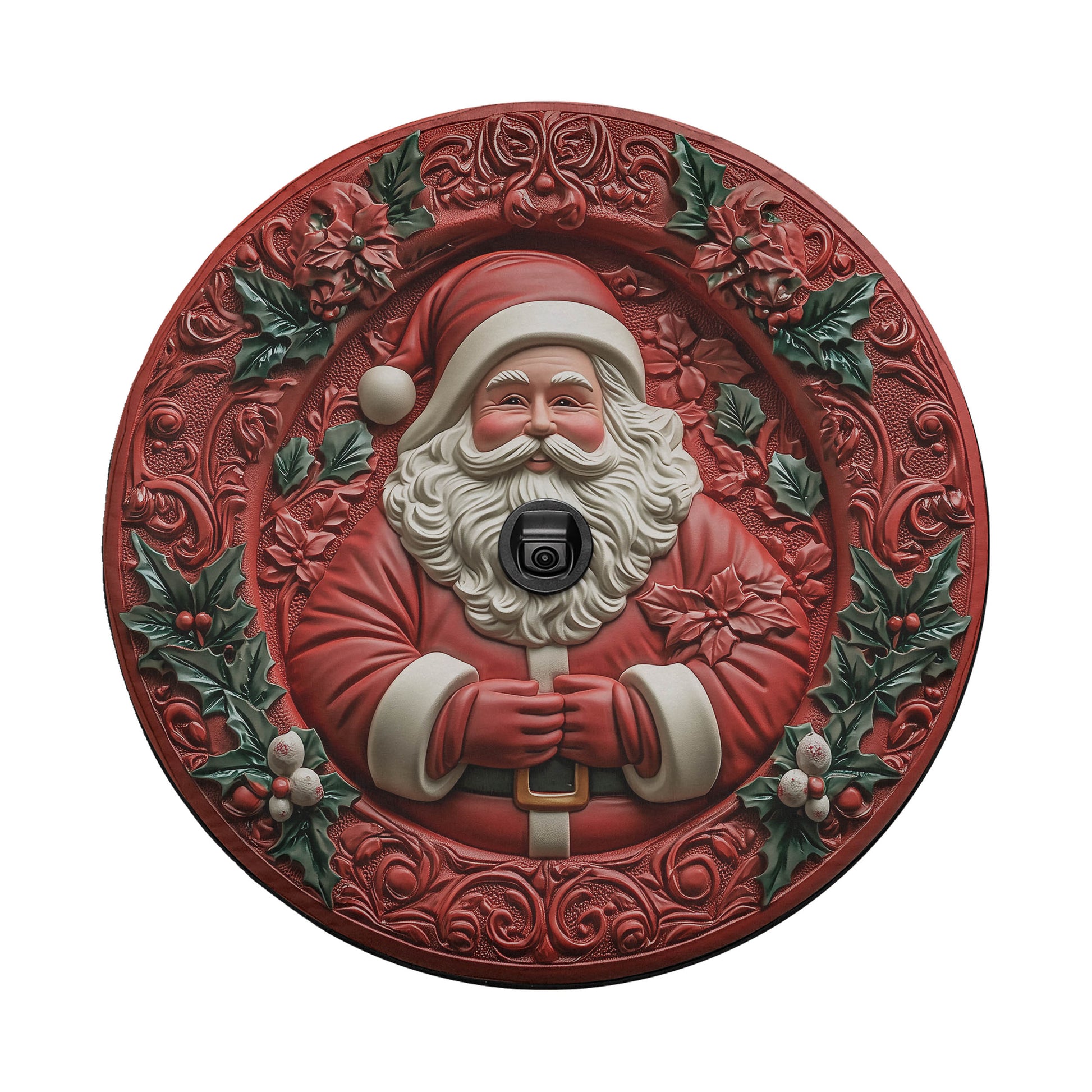 A decorative plate featuring a smiling, bearded Santa Claus figure wearing a red suit and hat, surrounded by holiday-themed elements such as holly leaves and berries.