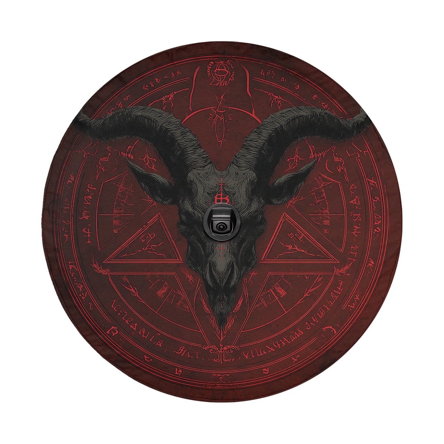 a dark, ominous skull with horns, surrounded by a red circular design with various symbols and text.