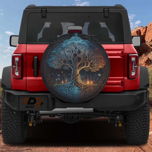 a red Jeep Wrangler with a large tree-like design on the spare tire cover.