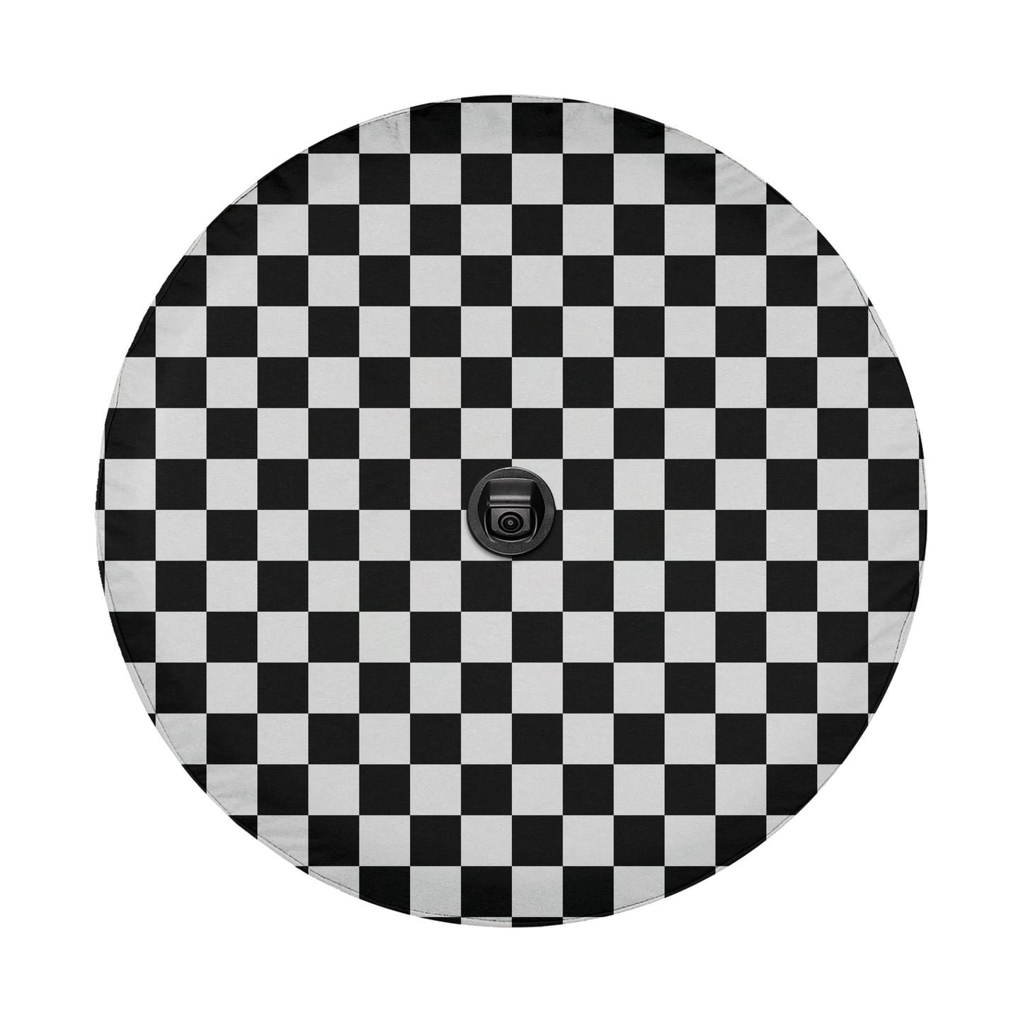 a black and white checkered pattern on a round surface