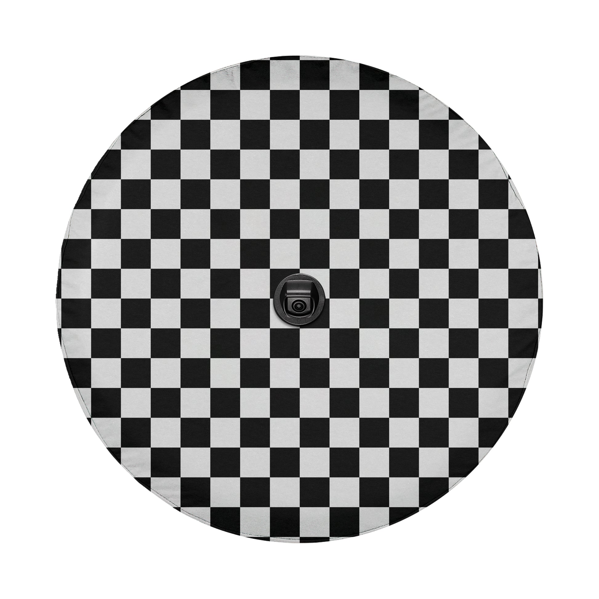 a black and white checkered pattern on a round surface.