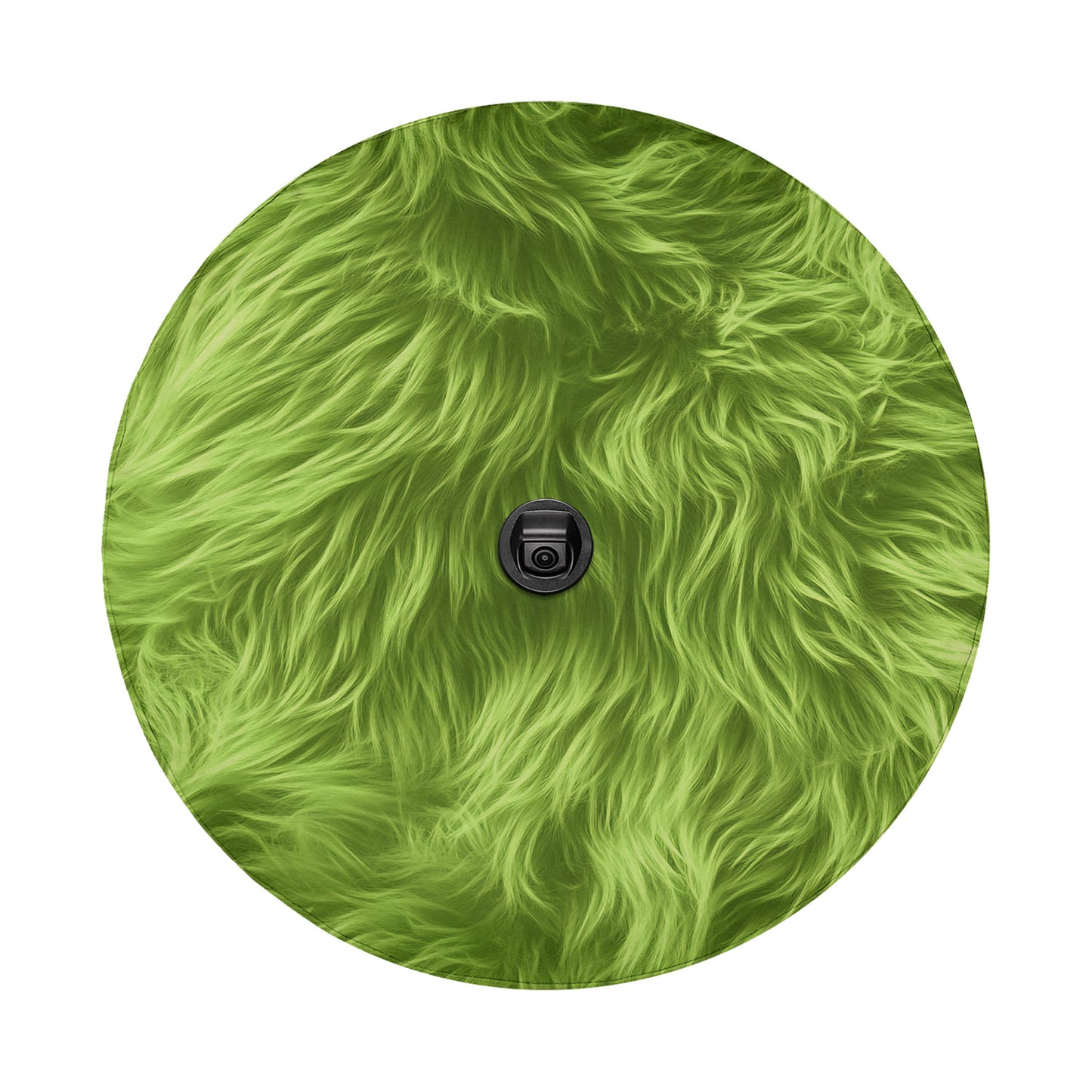 a close-up view of a fuzzy, green surface with a small black object in the center.
