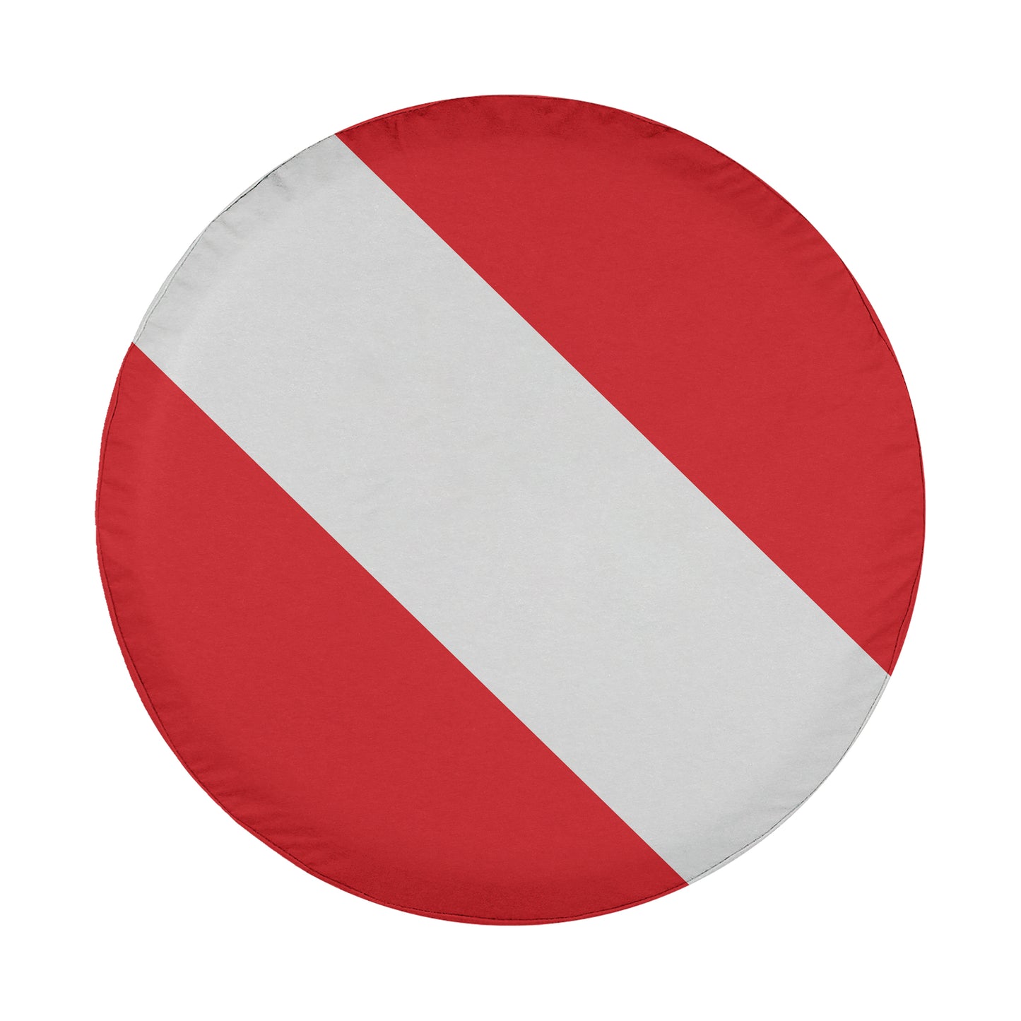 a red and white circular object, which appears to be a tire cover or a protective cover for a vehicle.