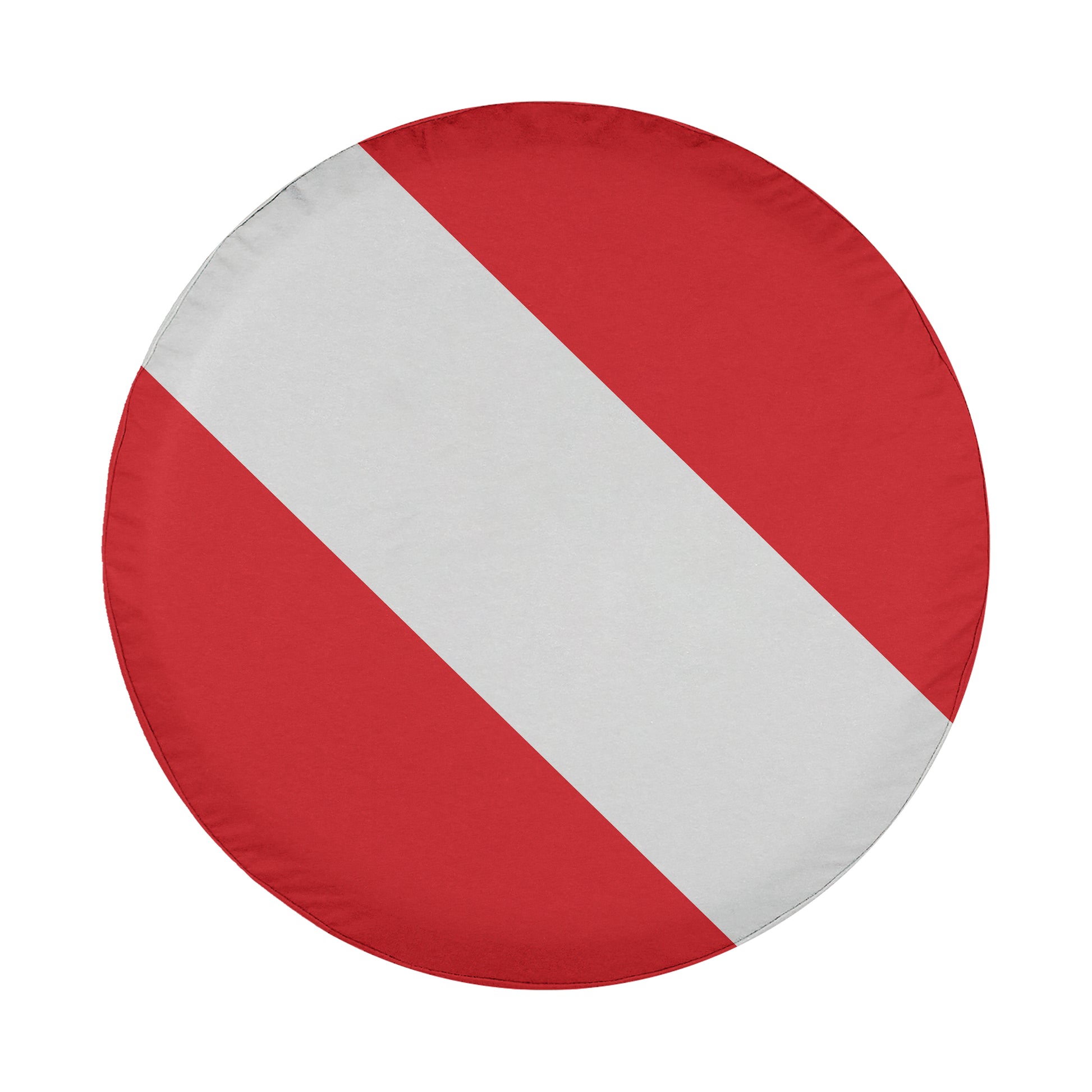 a red and white circular object, which appears to be a tire cover or a protective cover for a vehicle.