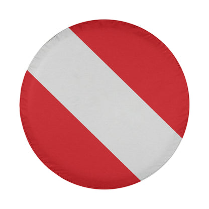 a red and white circular object, which appears to be a tire cover or a protective cover for a vehicle.
