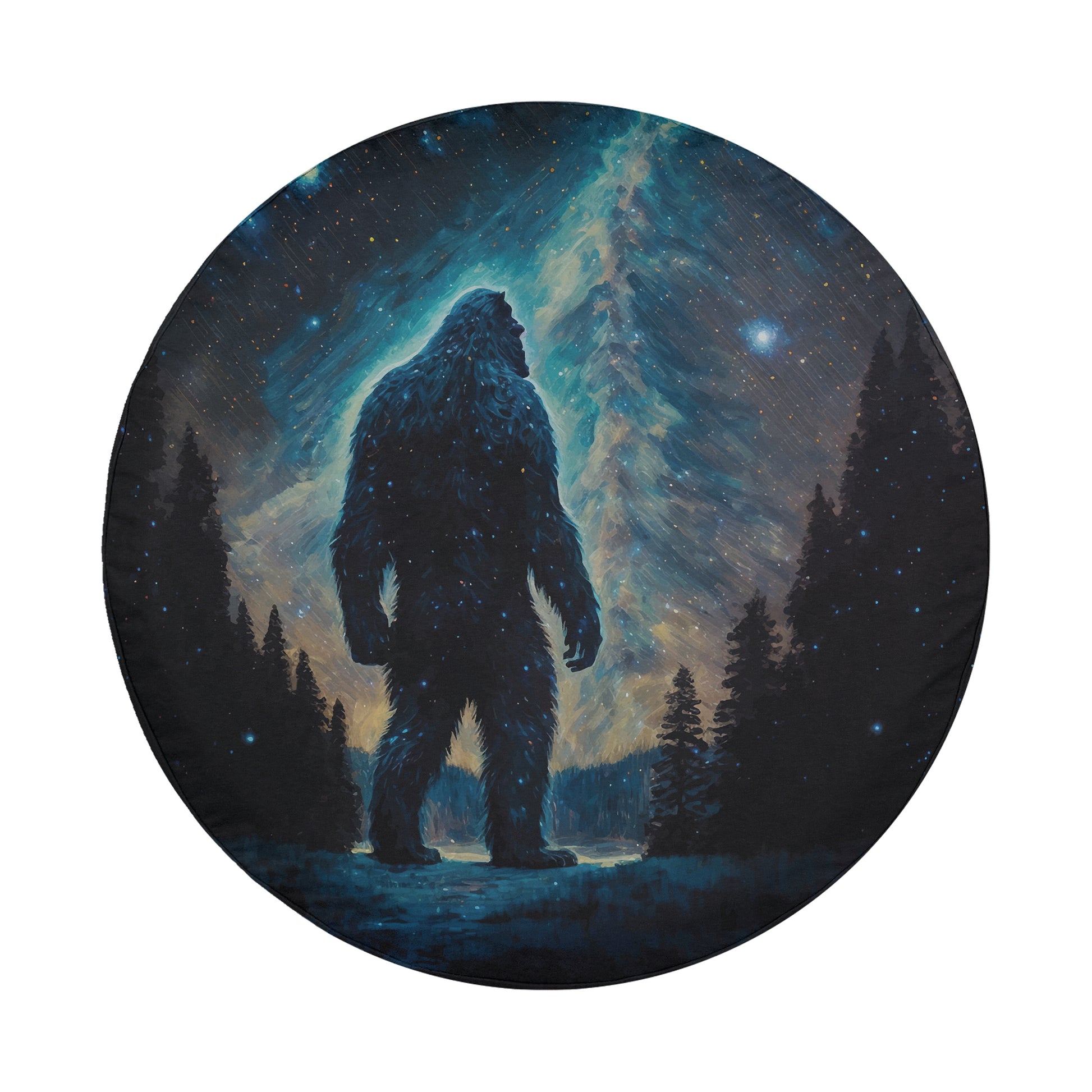 A large, shadowy figure of a creature resembling a Sasquatch or Sasquatch-like being stands in a forested landscape under a starry night sky.