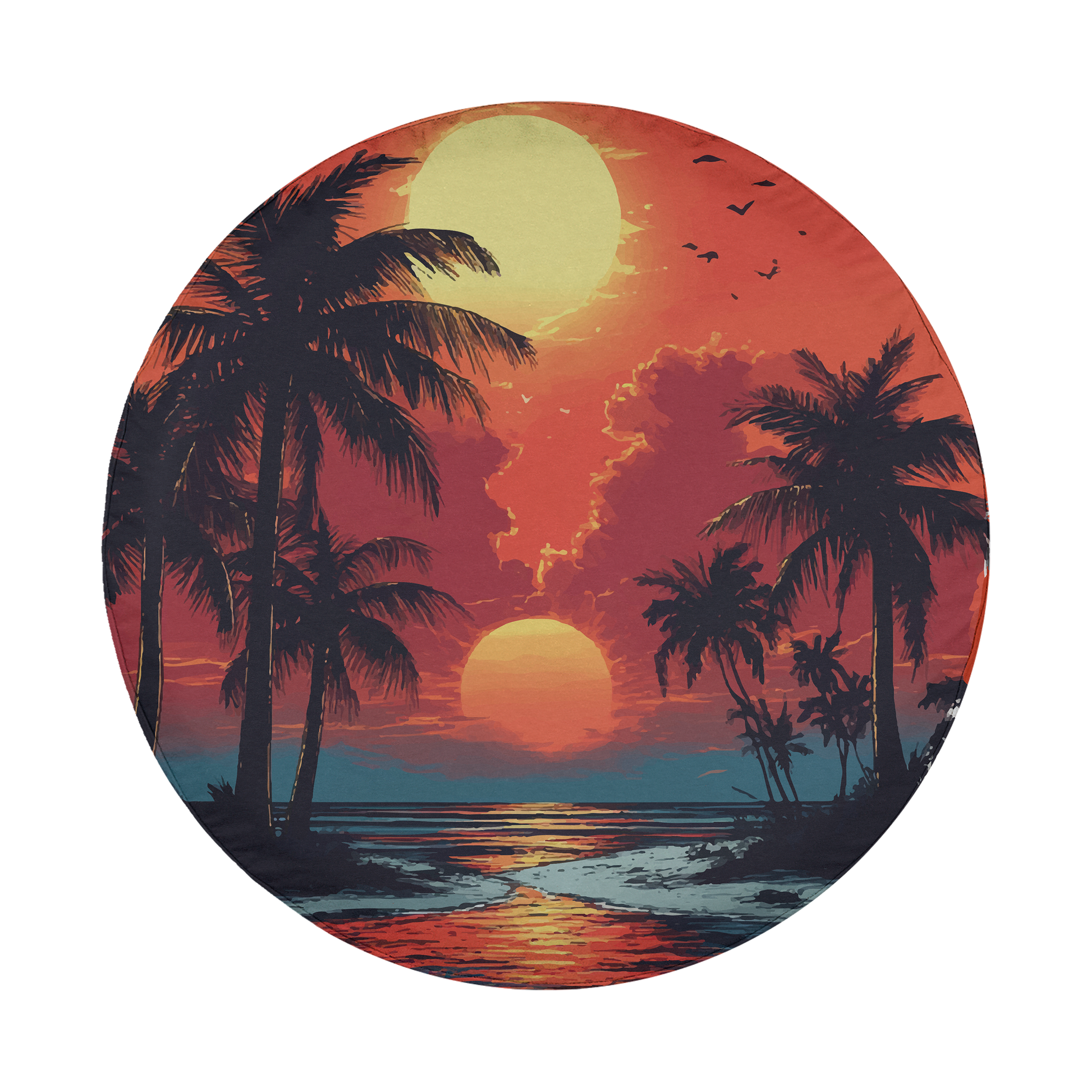 A circular image depicting a tropical beach scene at sunset, with palm trees silhouetted against a vibrant orange and yellow sky.