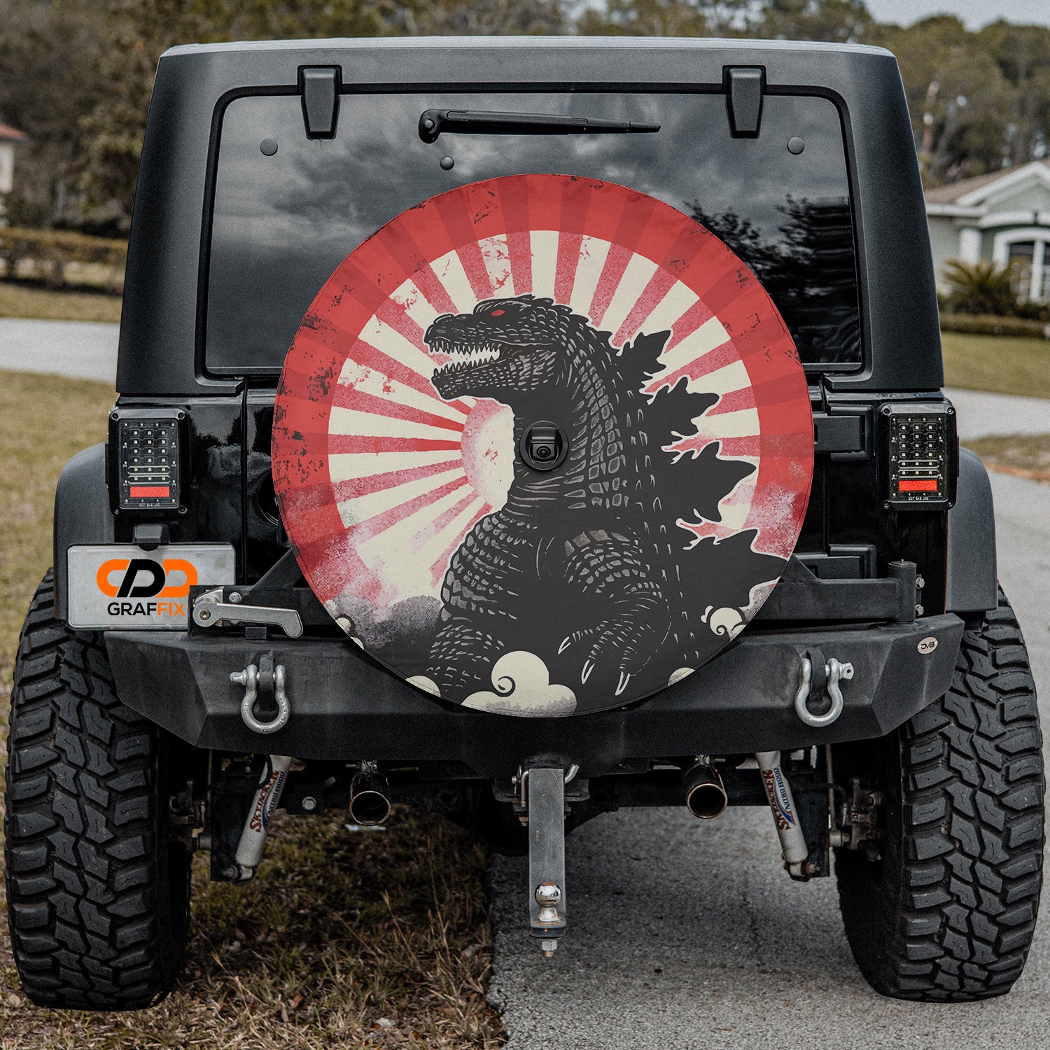 a black jeep with a red and white design on it