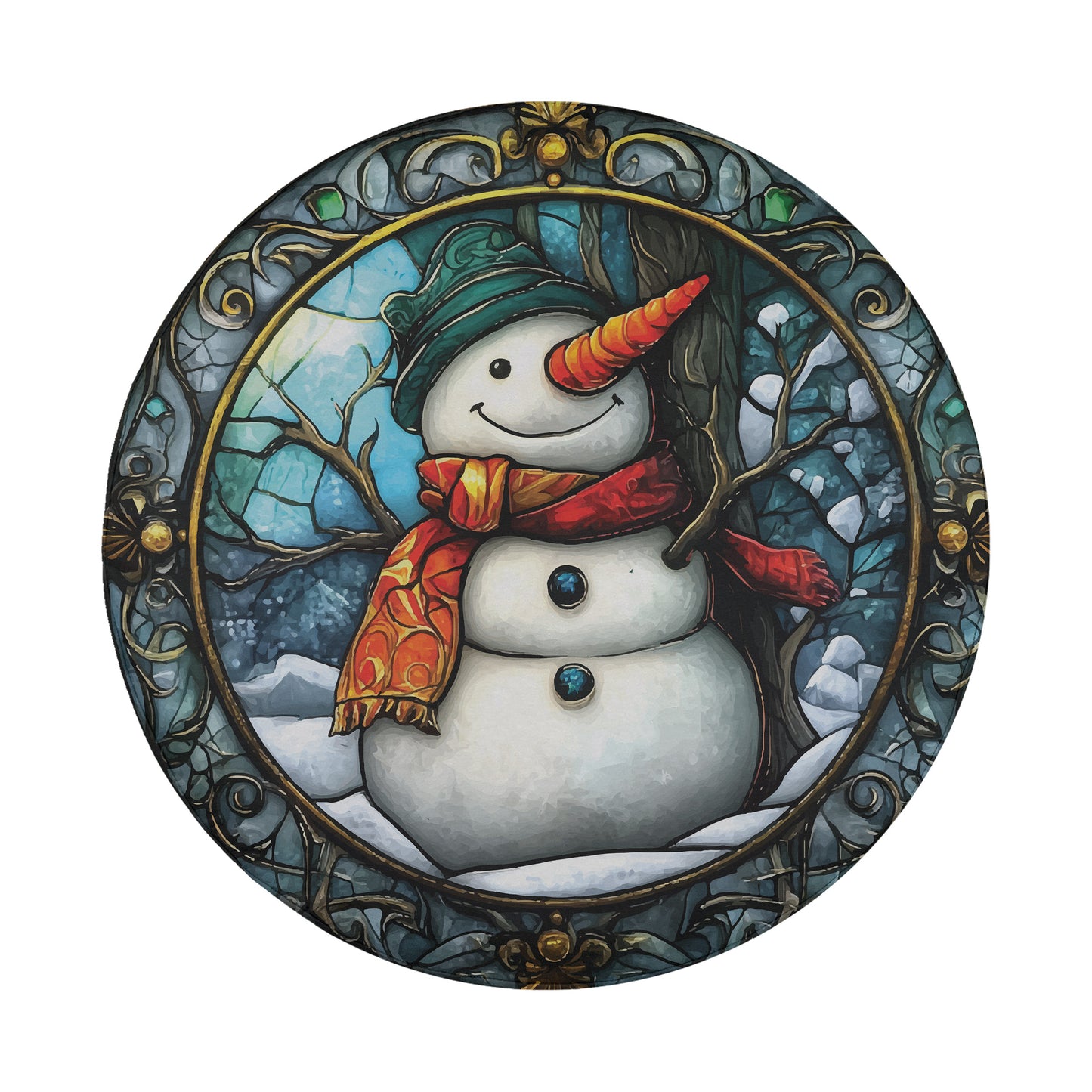 A snowman wearing a green hat and red scarf, with a carrot nose and two blue buttons, is depicted in a decorative frame against a snowy background.