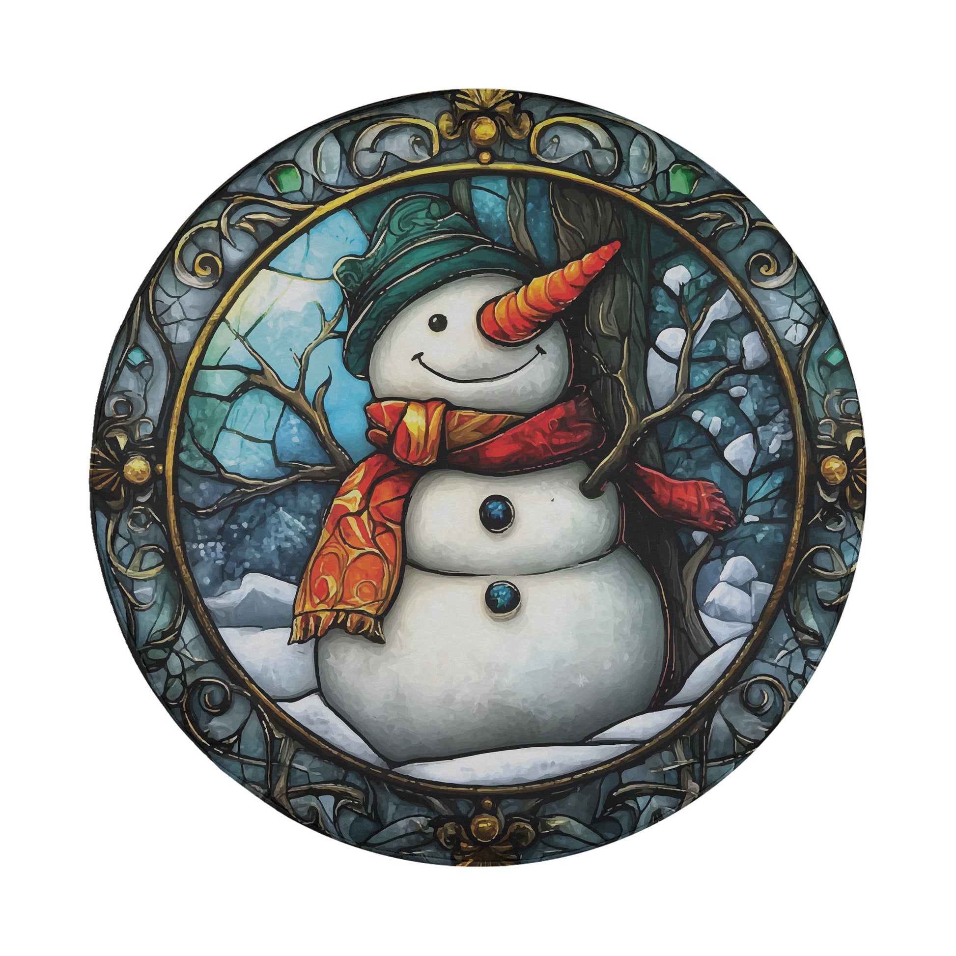 A snowman wearing a green hat and red scarf, with a carrot nose and two blue buttons, is depicted in a decorative frame against a snowy background.