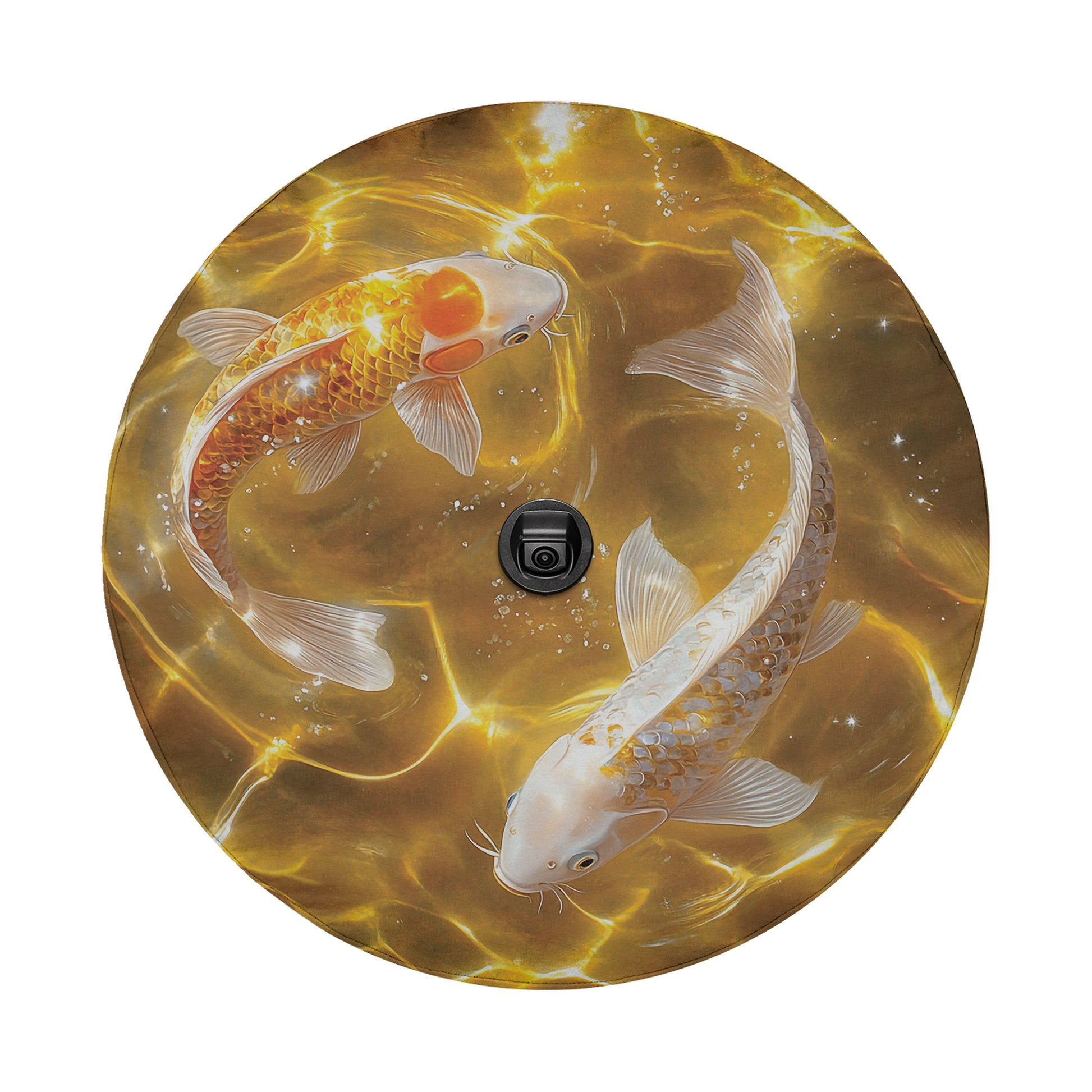 two koi fish swimming in a golden, shimmering pond.