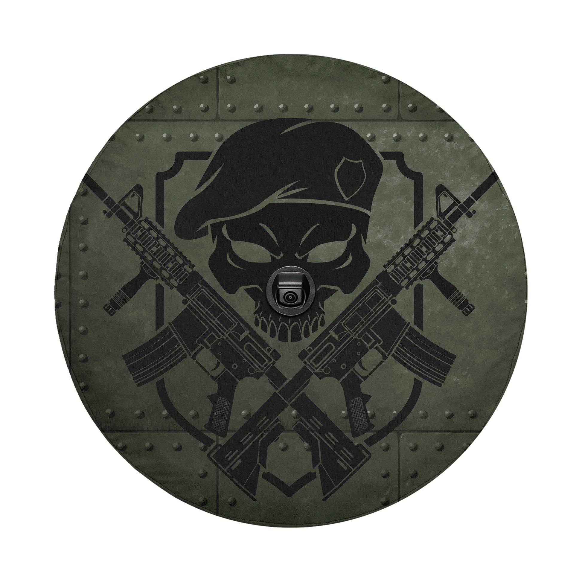 A skull wearing a beret and holding a rifle is depicted in the center of the image, surrounded by crossed rifles.