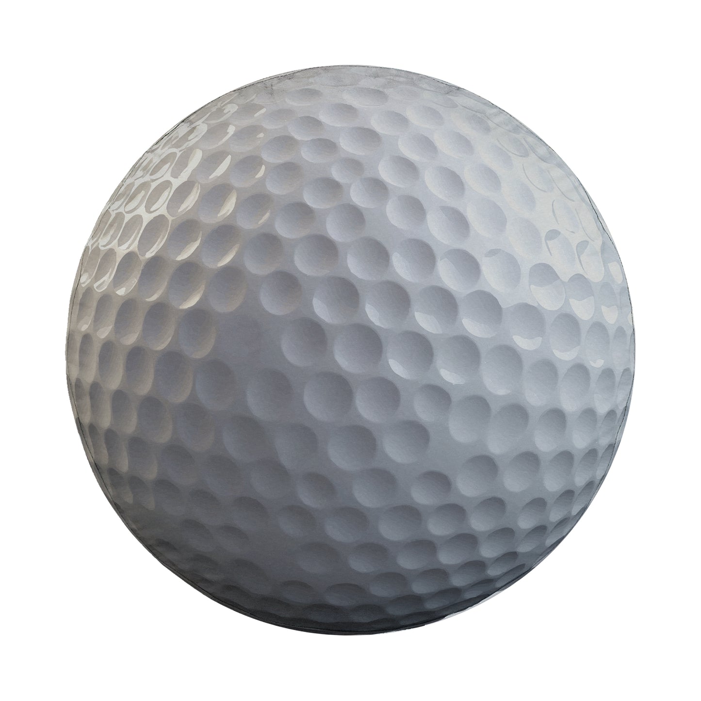A close-up image of a white golf ball with a textured surface.