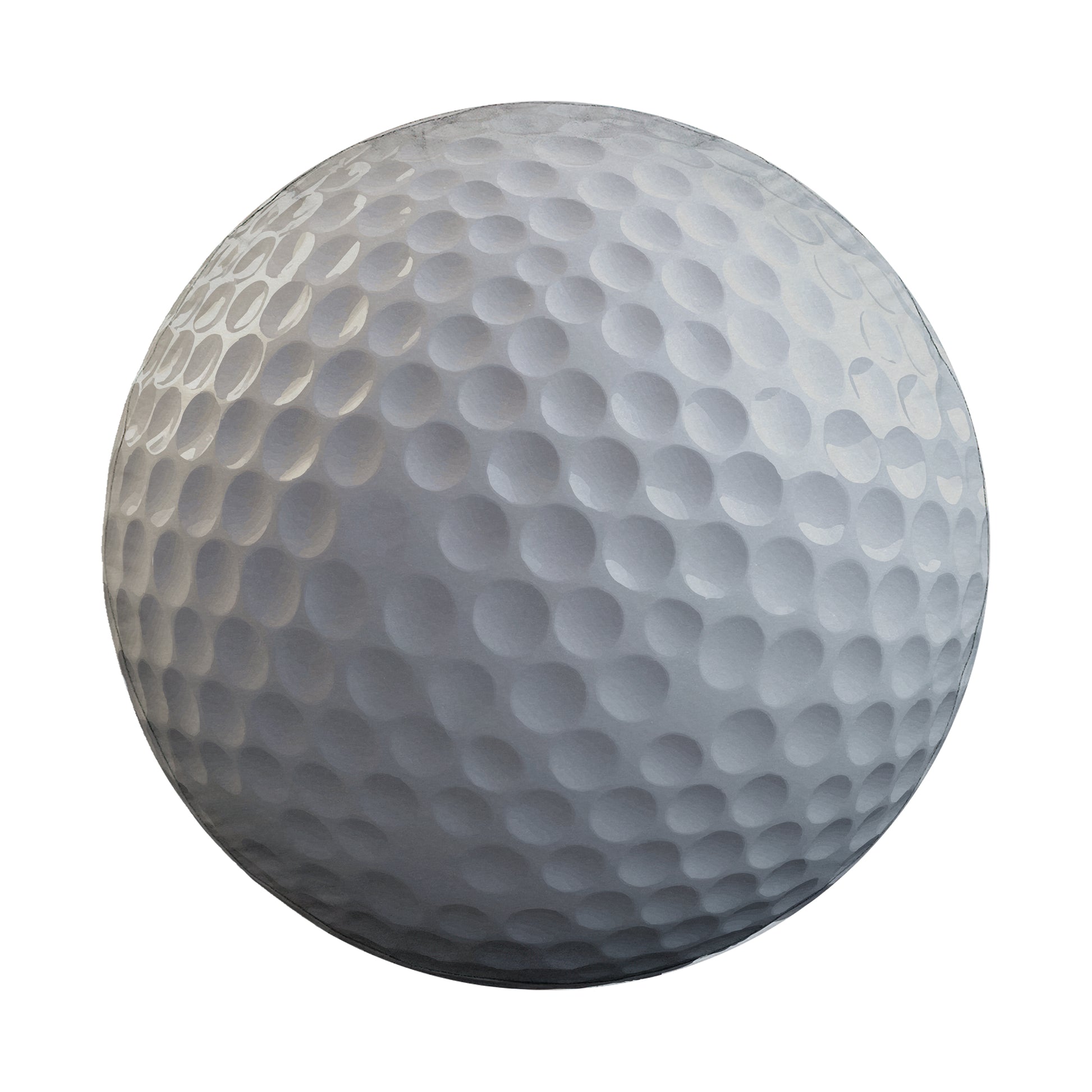 A close-up image of a white golf ball with a textured surface.