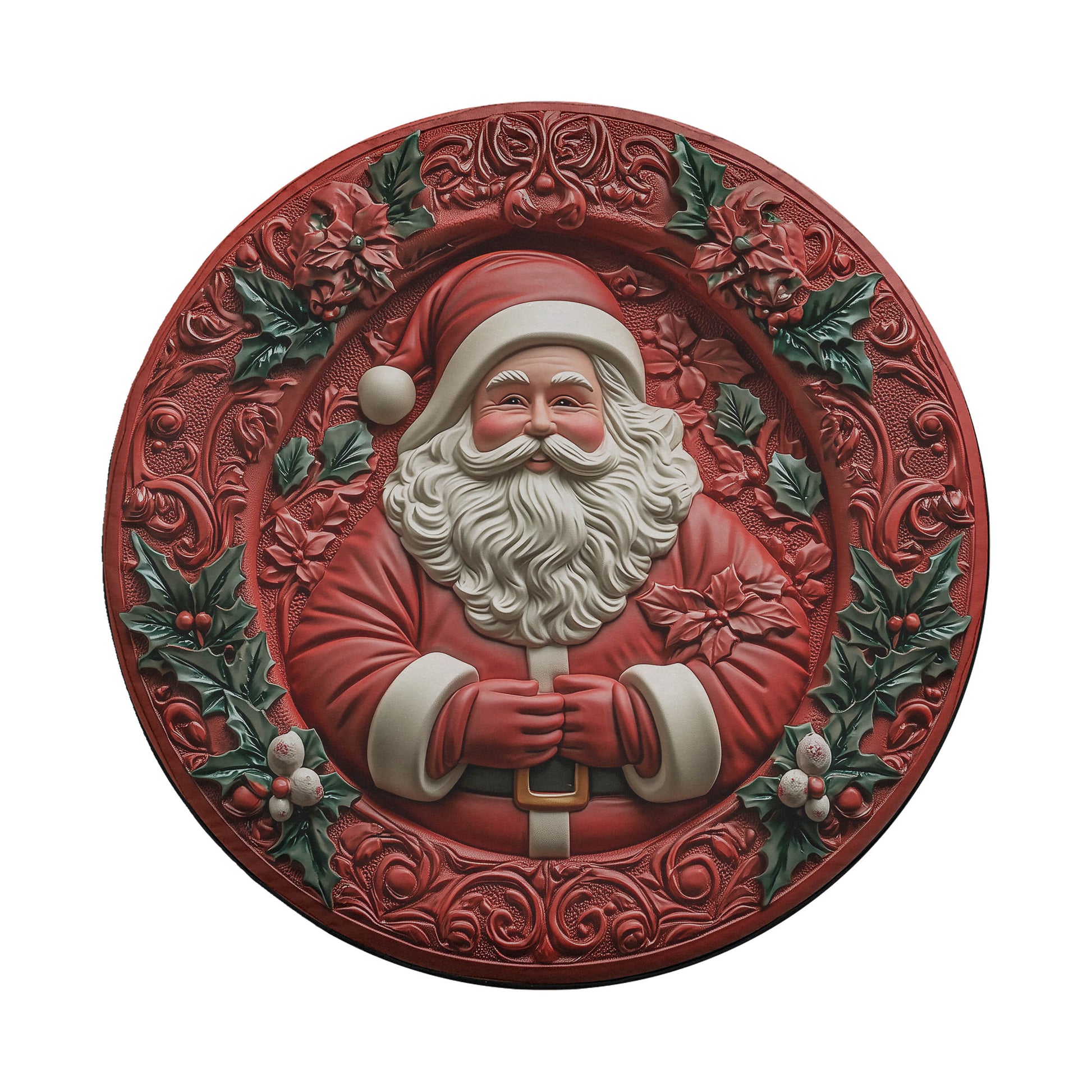 A decorative plate featuring a smiling, bearded Santa Claus figure wearing a red suit and hat, surrounded by holiday-themed elements such as holly leaves and berries.