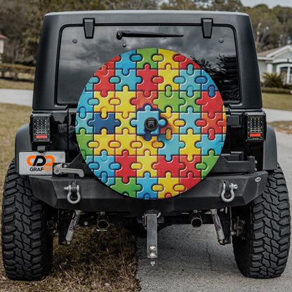 a jeep with a colorful puzzle design on the front of it